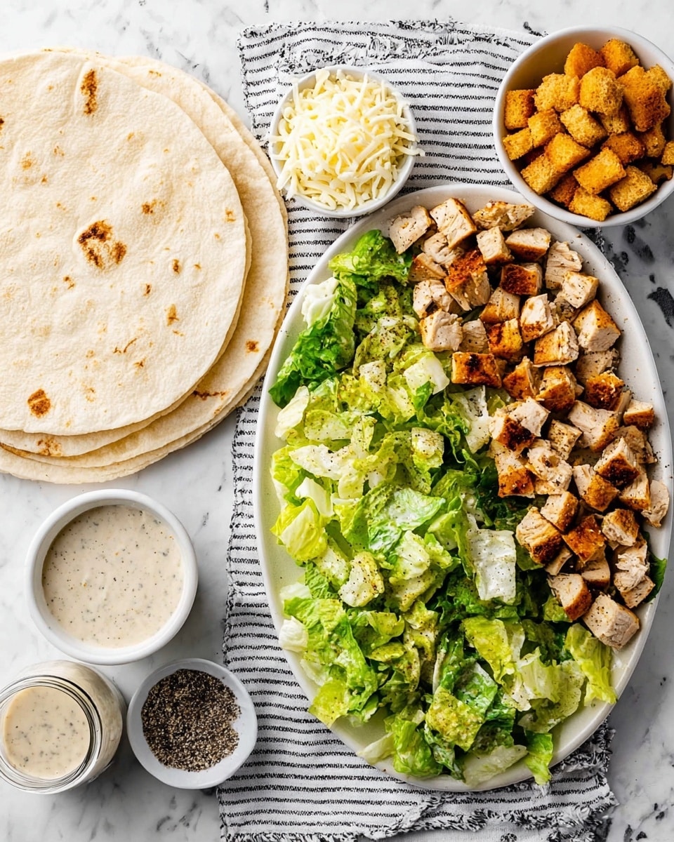 The image shows an oval white plate with black splatter patterns, filled with two main layers: the left side has small cubes of grilled chicken with visible seasoning, and the right side is filled with chopped green lettuce with fresh, crisp texture. To the left of the plate, there are three stacked white tortillas with light brown spots, placed on a striped cloth on a white marbled surface. Above the plate, there is a small white bowl filled with shredded white cheese. To the right of the plate, a small white bowl holds golden brown croutons with a crunchy texture. Below the plate, there is a small white bowl with coarse black pepper and salt, and next to it is a small glass jar filled with creamy dressing, speckled with herbs. The photo was taken with an iphone --ar 4:5 --v 7