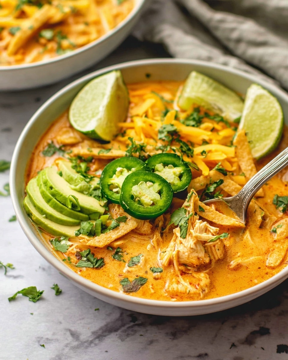 The image shows a white bowl filled with creamy orange soup containing pieces of chicken and tortilla strips at the bottom. On top of the soup, there are bright yellow shredded cheese, sliced green jalapeños, and thin slices of fresh avocado arranged neatly. Two lime wedges are placed near the back edge of the bowl, and fresh chopped cilantro is sprinkled over everything. A silver spoon resting inside the bowl scoops some soup and chicken, and the bowl sits on a white marbled surface with another bowl blurred in the background. Photo taken with an iphone --ar 4:5 --v 7