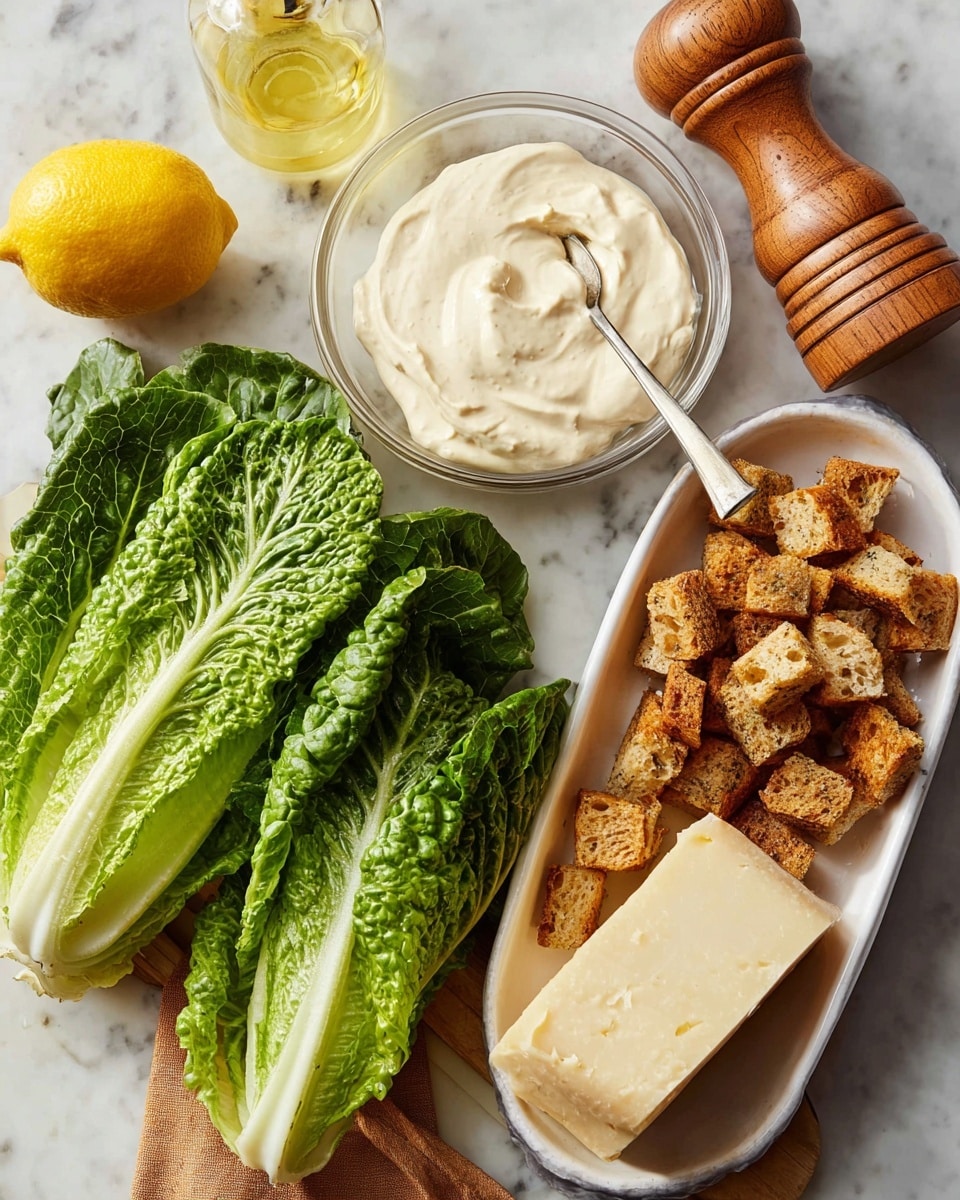The image shows fresh green Romaine lettuce leaves with a rough texture and visible veins placed on a white marbled surface. Next to it is a small clear glass bowl filled with creamy off-white sauce with a smooth texture and a slight swirl on top. To the right, in a white oval dish, there are small golden-brown crunchy bread cubes with uneven edges, and a large pale yellow block of cheese with a smooth surface resting on top. A small metal fork is placed across the cheese. Around the items are a yellow lemon, a small part of a clear yellow liquid in a glass container, and a wooden pepper grinder on the white marbled surface. photo taken with an iphone --ar 4:5 --v 7