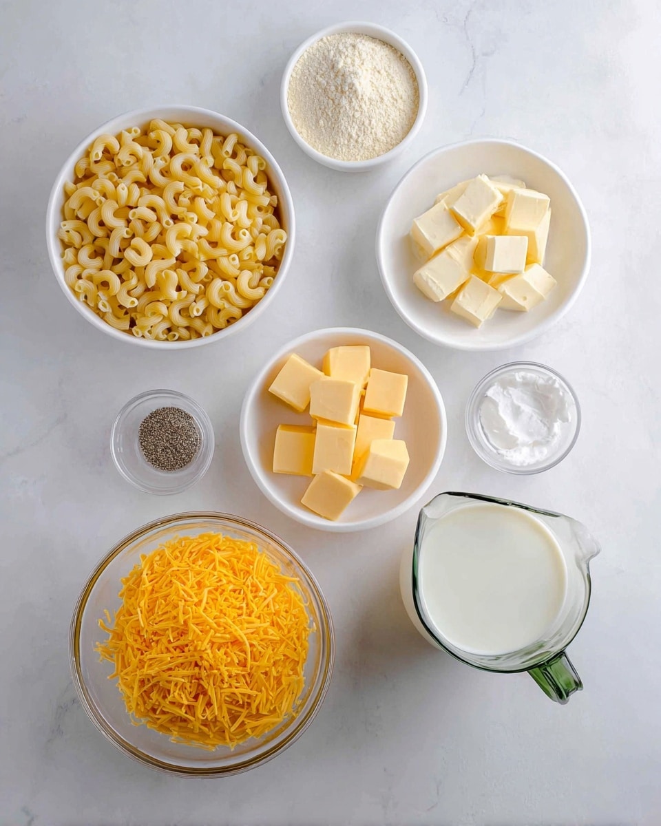 The image shows seven white bowls and a clear glass bottle on a white marbled surface, each filled with different ingredients. Starting from the top left, there is a white bowl filled with uncooked elbow macaroni in a pale yellow color. To the top right, a white bowl has small cubes of pale yellow butter. In the center at the top is a smaller white bowl holding light beige powder. Below it is another small white bowl containing white salt. To the right of the salt is a small white bowl with black pepper. At the center bottom, a big clear glass bowl is full of bright orange shredded cheese. To the bottom left, a smaller clear glass bowl contains pale yellow sliced cheese squares. Finally, on the bottom right is a white bowl with a green handle filled with creamy off-white milk or cream. photo taken with an iphone --ar 4:5 --v 7