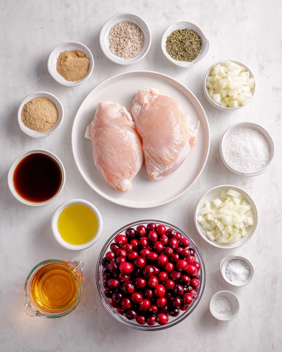 The image shows a top view of a white round plate in the center holding three raw pale pink chicken pieces. Around it, there are small white bowls and containers arranged in a circle on a white marbled surface. At the top, there are four white bowls with light brown powder, light green seeds, chopped garlic, and black pepper. Below them are a bowl with dark brown liquid, a bowl with dried green herbs, and a large clear glass bowl filled with bright red fresh cranberries. At the bottom, there are a small white measuring cup with amber liquid, a small glass container with yellow oil, a white measuring cup with light brown sugar labeled