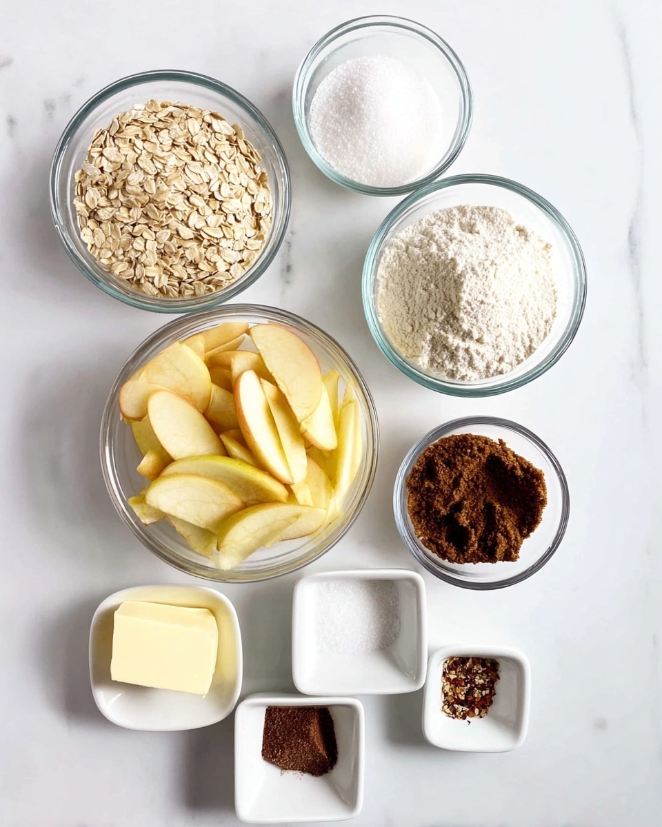 The image shows seven clear glass bowls placed on a white marbled surface. The largest bowl at the bottom center holds thinly sliced apple pieces with a yellowish skin and light flesh inside. Above it, slightly to the left, is a bowl filled with small, dry oats that are pale beige. Right above the oats is a bowl filled with white granulated sugar. To the right of the sugar is a bowl of white flour that looks soft and powdery. Next to the flour, at the top right, is a bowl with a small piece of pale yellow butter. In the center, between the oats and flour bowls, is a bowl with dark brown sugar that has a rough, slightly clumpy texture. At the bottom right, there are two small white square bowls, one with fine white salt and the other with dark brown and reddish spices lightly sprinkled inside. Photo taken with an iphone --ar 4:5 --v 7