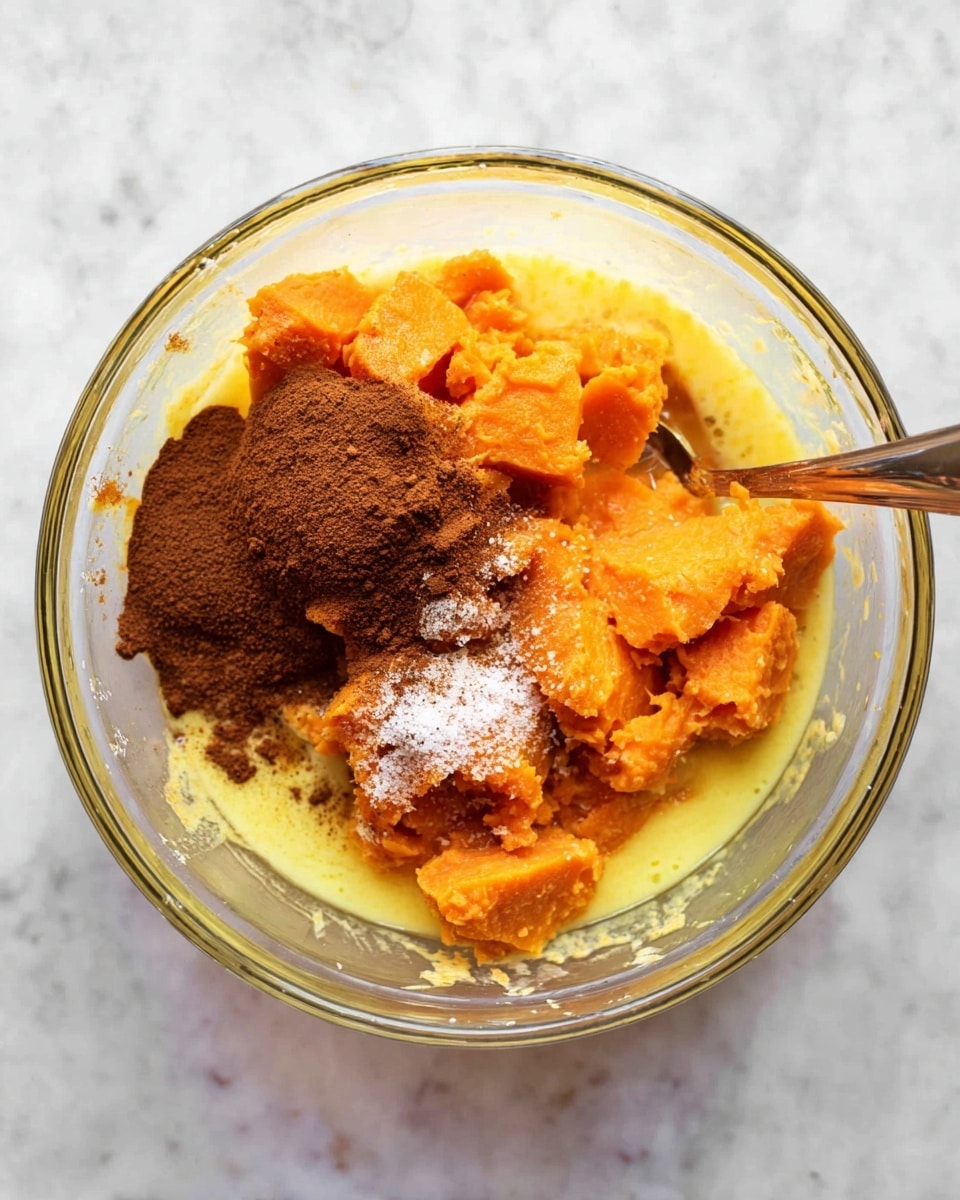 A clear glass bowl sits on a white marbled surface, holding a mixture of bright orange mashed sweet potato chunks spread unevenly mostly on one side, with a layer of light yellow beaten eggs surrounding them, and a pile of dark brown cinnamon powder on top next to the sweet potato. A small amount of white granulated sugar is sprinkled on the orange sweet potato and cinnamon, with a silver spoon partially submerged on the right side of the bowl. The ingredients look ready to be mixed together photo taken with an iphone --ar 4:5 --v 7