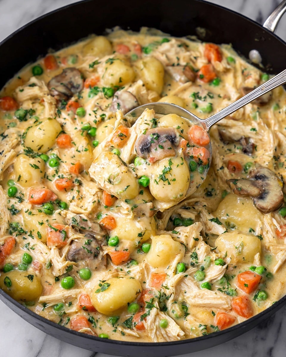 A close-up of a black pan filled with a thick creamy stew made of shredded white chicken pieces, small round gnocchi, bright green peas, orange carrot cubes, and light brown sliced mushrooms all mixed in a pale yellow sauce. The stew looks rich with small green herb sprinkles on top. A silver spoon is lifting a portion of the stew, showing all the ingredients clearly. The pan is set on a white marbled surface photo taken with an iphone --ar 4:5 --v 7