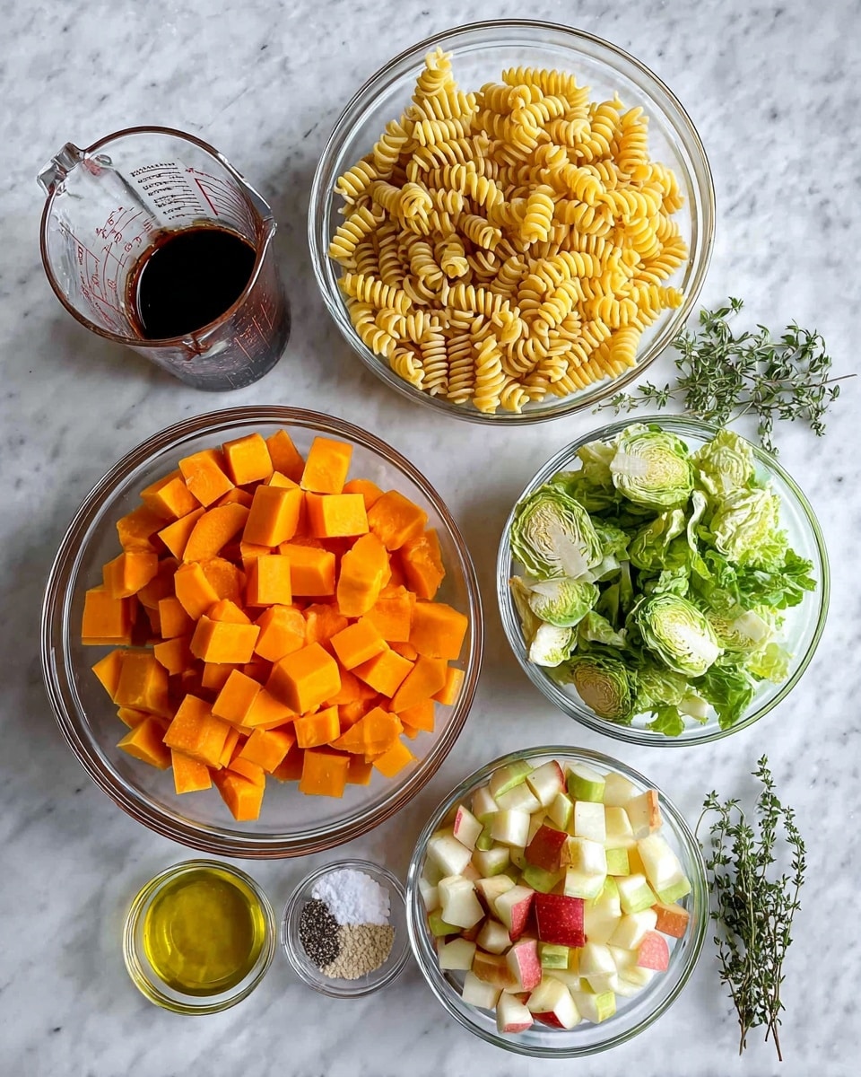 A white marbled surface holds several clear glass bowls with different ingredients arranged neatly. The largest bowl contains bright orange diced butternut squash. Next to it is a bowl with yellow uncooked rotini pasta. A smaller bowl holds pale green Brussels sprout leaves. Another small bowl contains light yellow and red diced apples. There is a clear glass measuring cup with dark brown liquid, a tiny bowl with crumbled white cheese, a small bowl with salt and pepper, and a very small bowl with golden olive oil. Fresh green thyme sprigs lie near the bowls. photo taken with an iphone --ar 4:5 --v 7