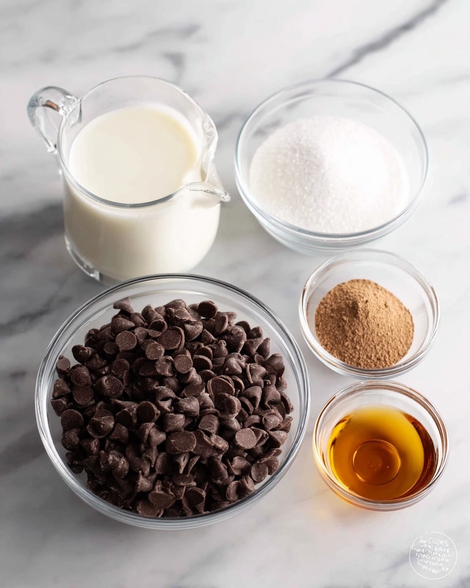 The image shows five clear glass bowls and a clear glass measuring cup, all placed on a white marbled surface. The largest bowl in the front center is filled with dark brown chocolate chips. To the left, there is a clear glass measuring cup filled with creamy white milk. Behind the milk, there is a small bowl full of white granulated sugar. Next to the sugar, on the right side, there's a smaller bowl with a light brown powder, cocoa powder. Finally, to the far right, there is a tiny bowl containing amber-colored vanilla extract. All the containers are simple and transparent, showing the different textures and colors inside photo taken with an iphone --ar 4:5 --v 7