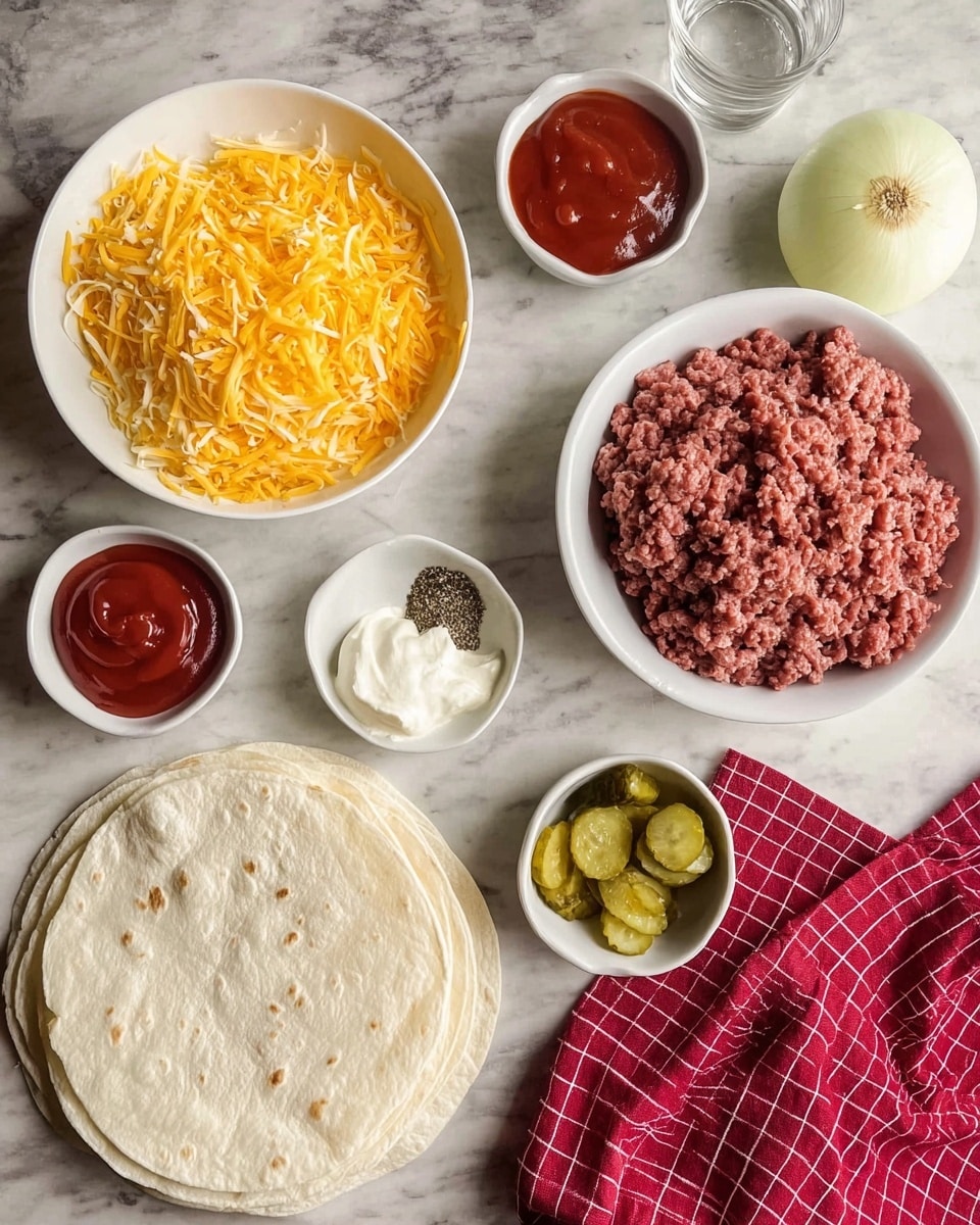 The image shows various ingredients arranged on a white marbled surface. There is a white bowl filled with shredded yellow cheddar cheese on the left, and a stack of white soft tortillas below it. On the right side, a white bowl holds a mound of raw ground beef. Surrounding these main elements are smaller white bowls containing ketchup, mayonnaise, sliced dill pickles, and a mixture of salt and black pepper. A whole white onion and a clear glass with water are also visible near the upper right corner. A red cloth with a white grid pattern is placed in the bottom right corner. photo taken with an iphone --ar 4:5 --v 7