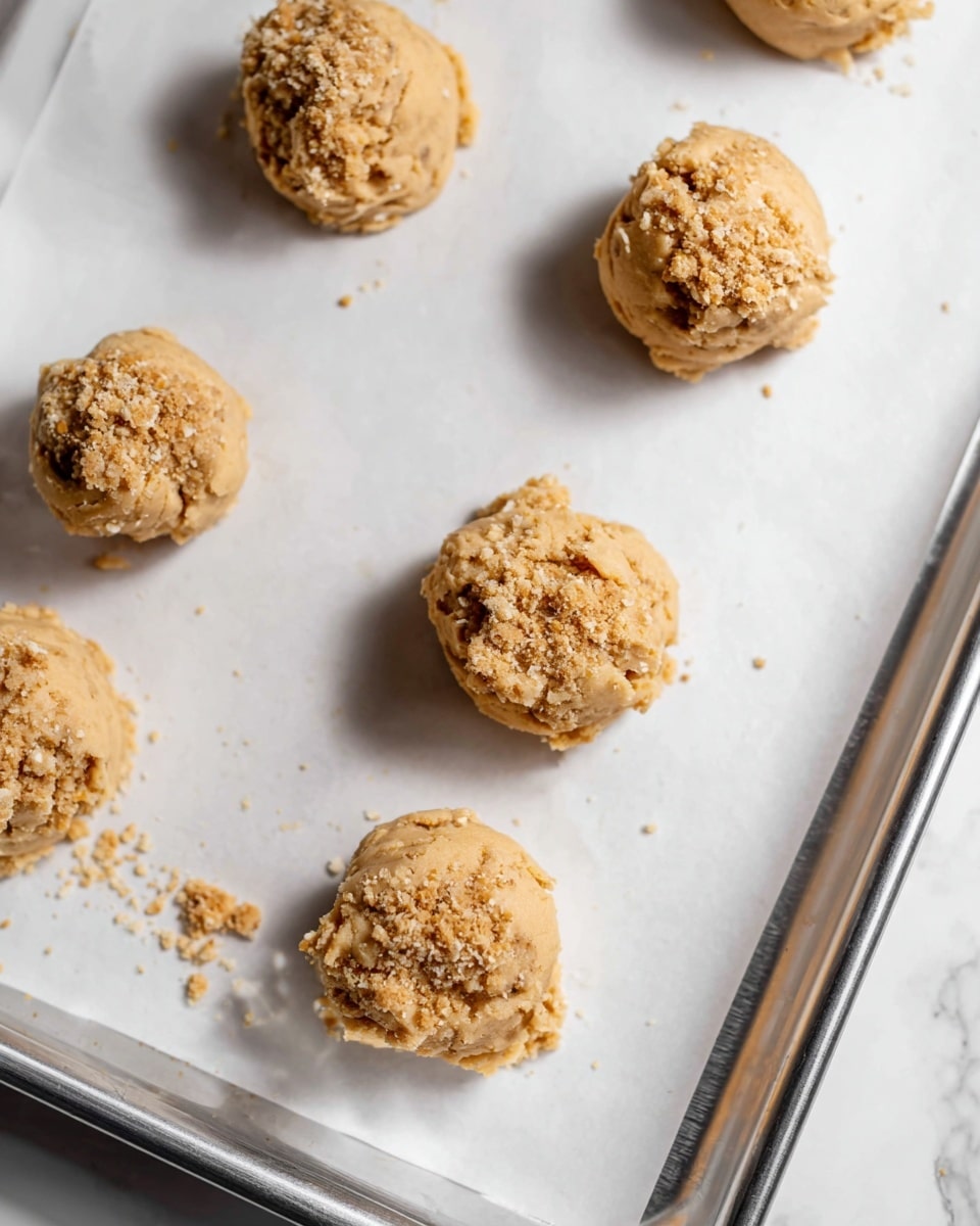 The image shows seven round scoops of light brown cookie dough on a silver baking tray lined with white parchment paper, spaced apart evenly. Each dough scoop has a rough texture with small cookie bits mixed inside and lightly sprinkled on top, giving a crumbly look. The tray is placed on a white marbled surface, and there are small crumbs scattered around the dough scoops. The focus is on the dough near the center and bottom right, with some dough pieces partly out of frame. Photo taken with an iphone --ar 4:5 --v 7