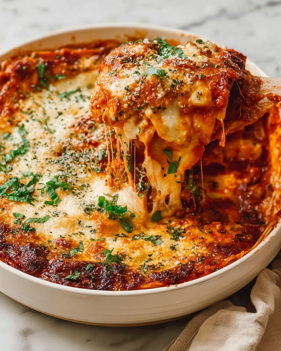 A white round dish filled with a layered baked pasta dish, where the top layer is melted golden brown cheese mixed with herbs sprinkled all over. Below the cheese layer, there is a rich red tomato sauce mixed with a bit of herbs, visible around the edges. Inside, a layer of pasta sheets is covered in more sauce and cheese that is melted and stringy as it is being lifted. Fresh chopped green herbs are spread on top, adding a fresh touch. The dish sits on a white marbled surface with a beige cloth partially visible on the side. Photo taken with an iphone --ar 4:5 --v 7