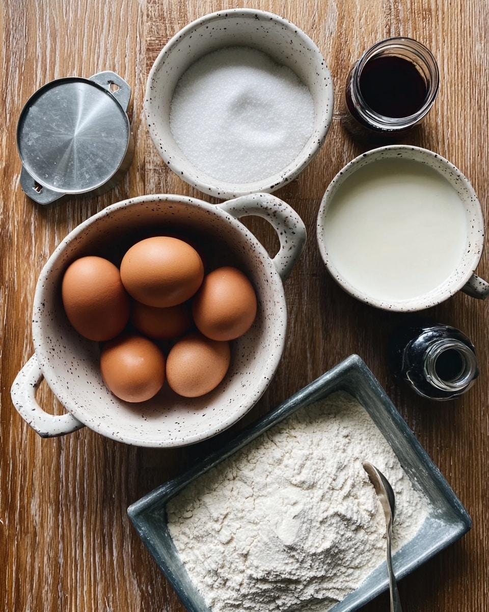 The image shows baking ingredients arranged on a wooden surface. There are four brown eggs in a white speckled bowl with two handles, a white speckled bowl with white sugar, a white bowl with milk, a small dark container with salt, and a small glass bottle with dark liquid. There is also a metal round cutter and a metal tray filled with white flour, a spoon resting in the flour. The scene is simple and clean. photo taken with an iphone --ar 4:5 --v 7