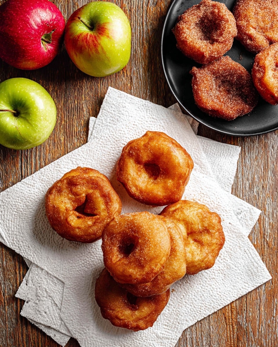 Five golden brown fried apple rings with a crispy, slightly rough texture lie stacked and spread on two white paper towels, absorbing oil. In the top left corner, three apples—two red with a light yellow pattern and one green—are partially visible. In the top right corner, a round black plate holds three more fried apple rings dusted with cinnamon sugar. The scene rests on a rustic wooden surface. photo taken with an iphone --ar 4:5 --v 7