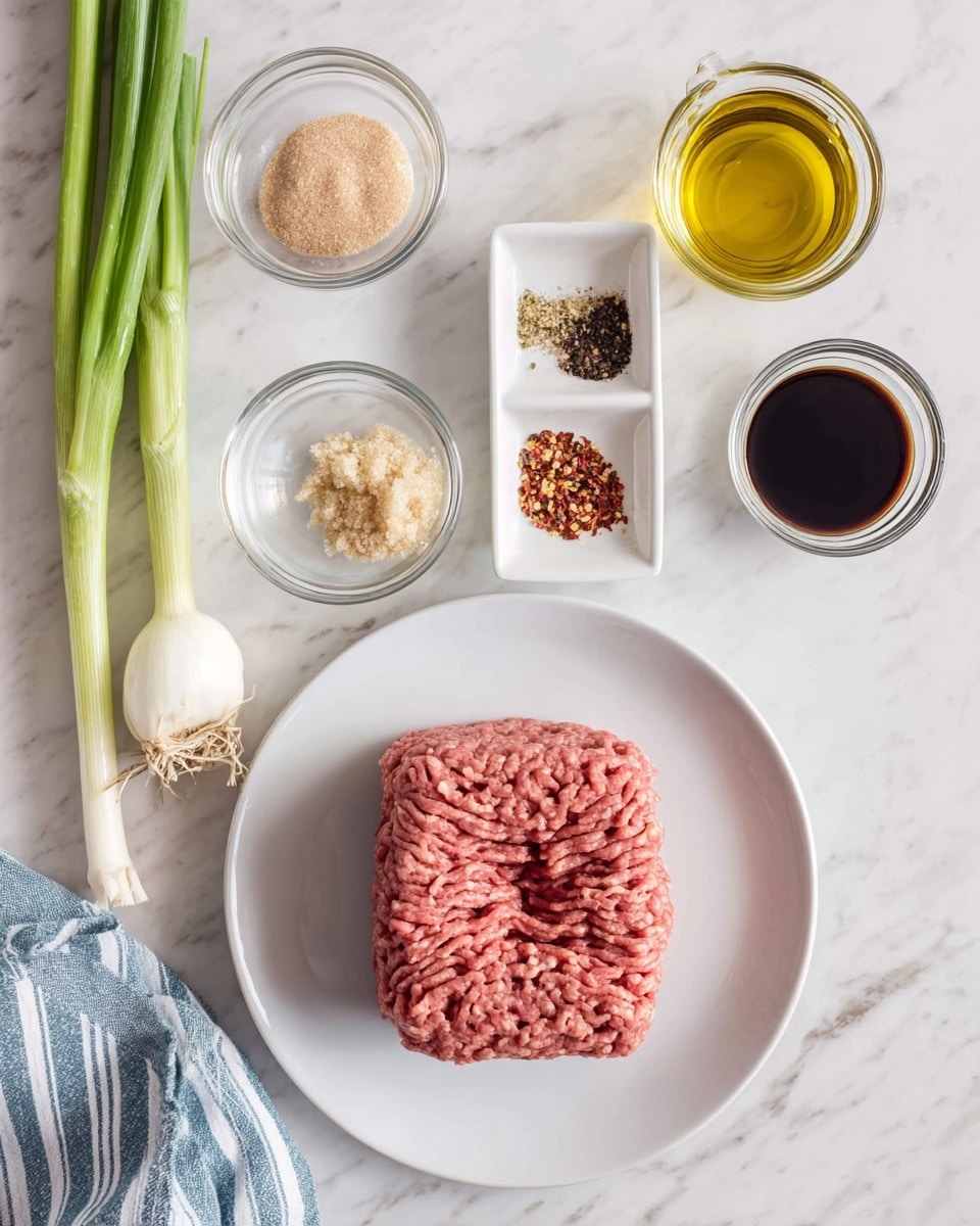 A white plate holds a neat square block of raw pink ground meat with a slight crease in the center. Around the plate are small clear glass bowls containing light brown sugar, minced garlic, and pale beige powder. There is a small white square dish holding three spices: coarse black pepper, red chili flakes, and a brown powdered spice. A clear glass bowl filled with dark soy sauce and a glass jar of golden yellow oil sit next to a fresh green onion with white bulb and green stalks. All items are placed on a white marbled surface with part of a blue and white striped cloth visible in the corner. photo taken with an iphone --ar 4:5 --v 7