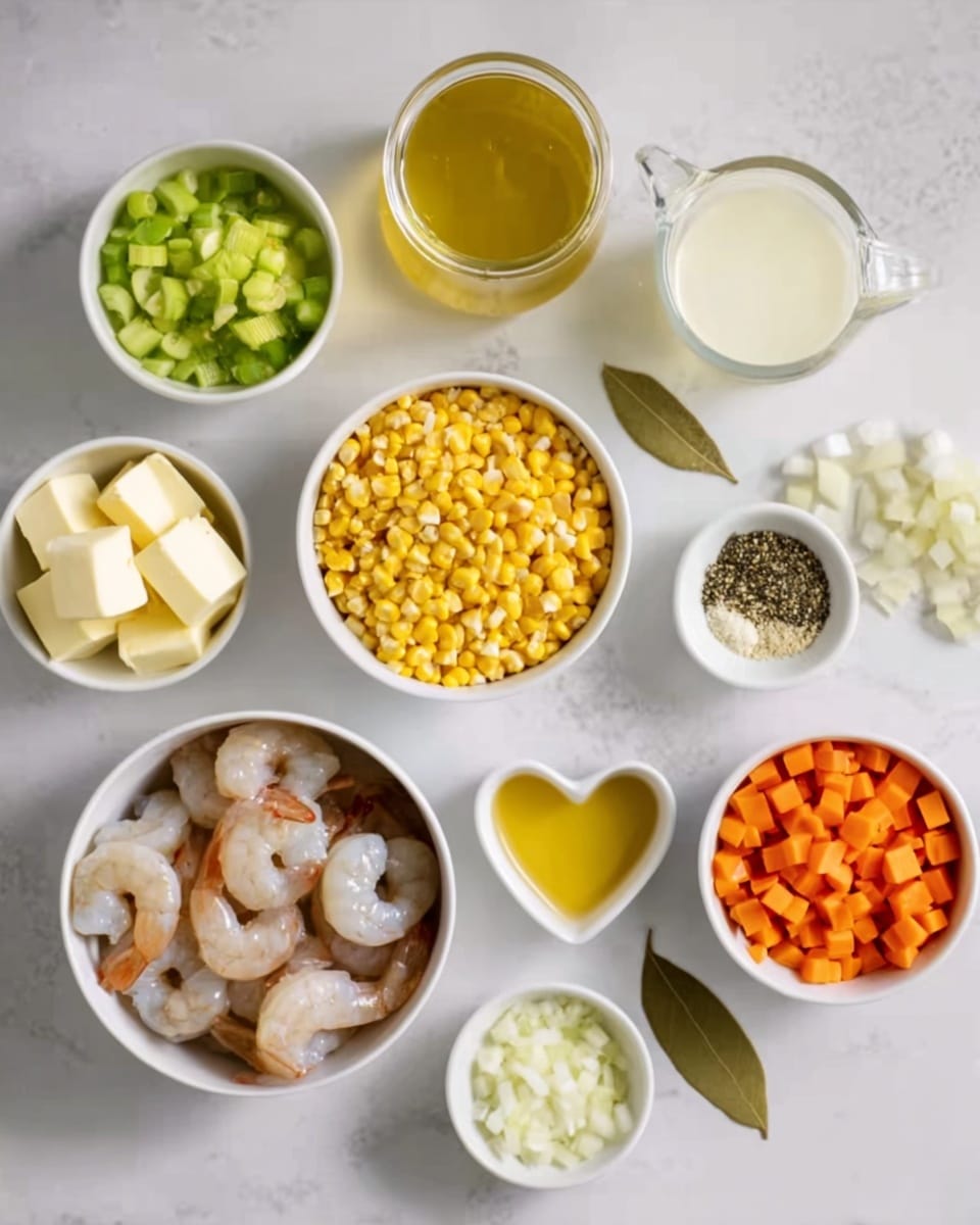 A top-down view of several small white bowls and cups arranged neatly on a white marbled surface, each holding different ingredients. From the bottom left clockwise: a bowl of raw shrimp with shells, a bowl filled with golden yellow corn kernels in the center, a small heart-shaped bowl with two pieces of butter, a small bowl of green chopped celery, a small cup of white cream, a clear glass container with light yellow broth, a small bowl of diced orange carrots, a small bowl with finely chopped garlic and black pepper, a small bowl of yellow oil, and a small bowl with white chopped onions. A single bay leaf lies flat on the surface near the shrimp bowl. photo taken with an iphone --ar 4:5 --v 7