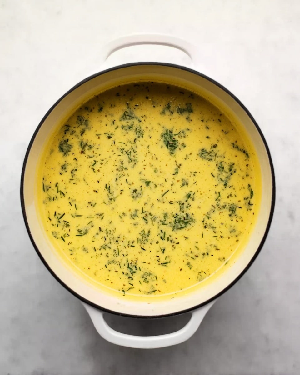 A white pot filled with a single layer of yellow soup mixed with green herbs floating evenly throughout. The soup has a smooth, creamy texture with small bits of herbs visible on the surface. The pot has two handles and is placed on a white marbled surface. photo taken with an iphone --ar 4:5 --v 7