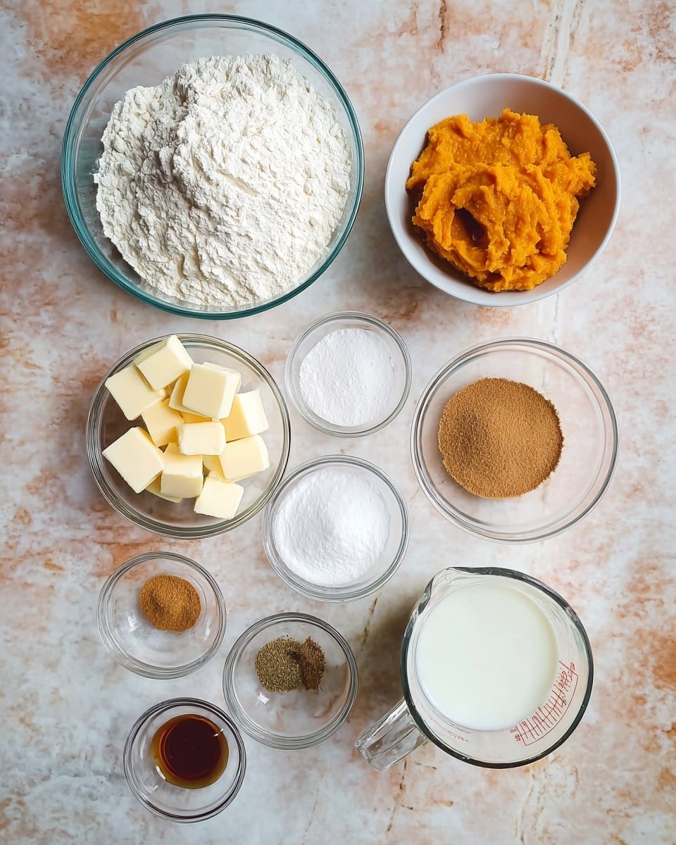 The image shows various ingredients placed on a white marbled texture. There is one large clear glass bowl filled with white flour at the top center. Below it on the right is a white bowl with bright orange mashed pumpkin. Underneath the large bowl and to the left, a clear bowl contains small cubes of pale yellow butter. A clear glass measuring cup filled with white liquid, likely milk or cream, is positioned to the bottom right. Around these main containers, there are smaller bowls and dishes: one clear small bowl with white powder (likely baking powder), one small bowl with brown sugar, another small dish with dark amber syrup, and two small clear bowls with ground spices and salt. The arrangement is neat, with the ingredients ready for mixing photo taken with an iphone --ar 4:5 --v 7