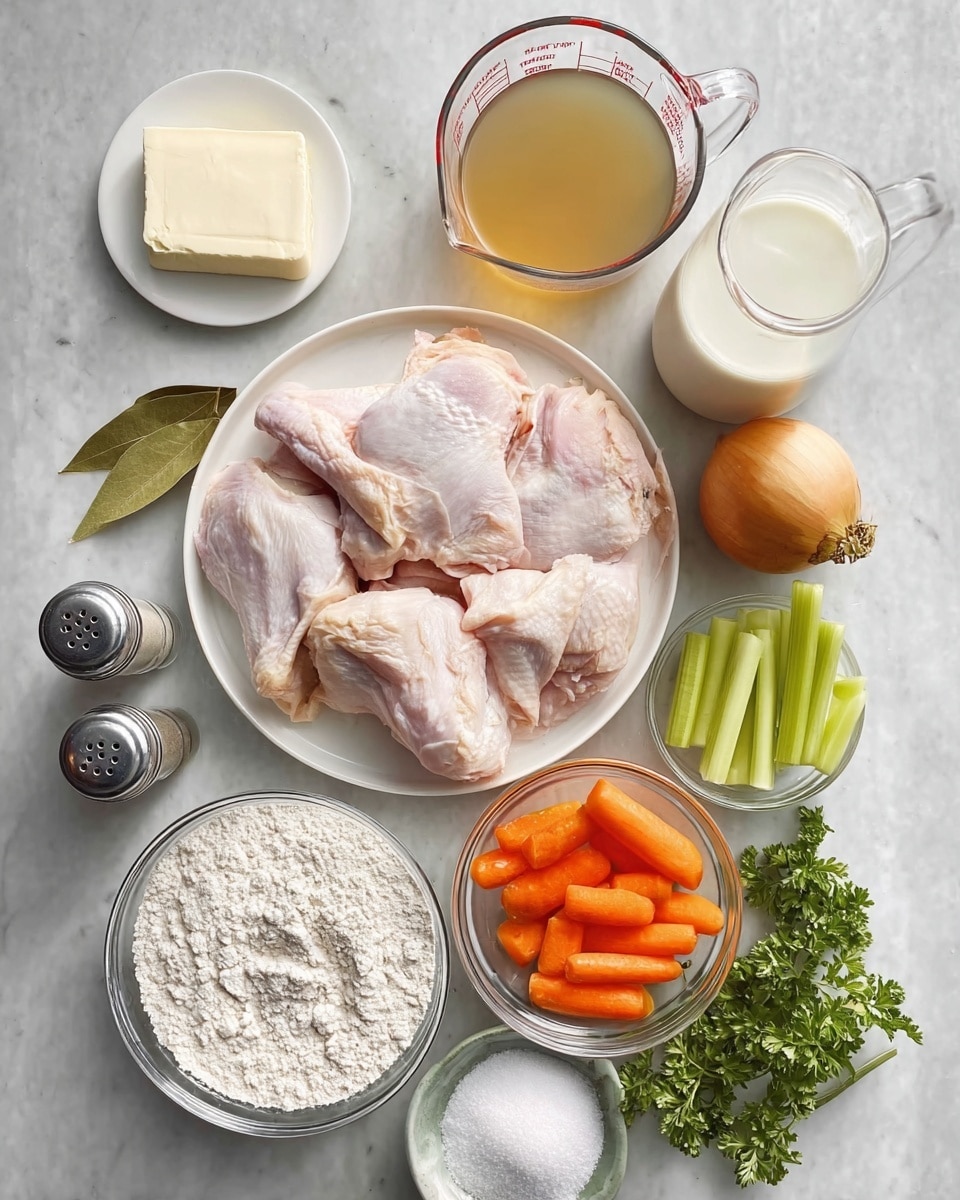 The image shows raw chicken parts, mostly light pink, placed on a white round plate in the center. Around it, starting from the top left, there is a white plate with a block of cream cheese, a clear measuring cup filled with a light brown liquid, a small white bottle with milk, and a whole yellow onion. Below the onion is a clear bowl with cut celery pieces and bright orange carrots. Below the chicken plate, there is a medium clear bowl with white flour, a small bowl with a white powder, likely baking soda, a pinched dried bay leaf, and fresh dark green leafy parsley arranged at the bottom left. A pair of silver salt and pepper shakers are positioned to the left of the flour bowl, all on a white marbled texture background. Photo taken with an iphone --ar 4:5 --v 7