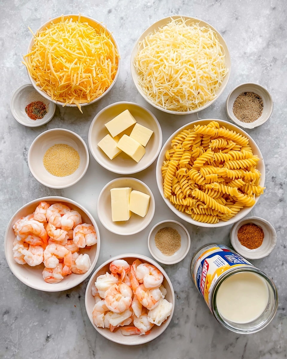 Several white bowls and small white dishes are arranged on a white marbled surface. There are four bowls filled with shredded cheese in varying shades of yellow and white, placed in different positions. A small white dish with three butter cubes sits near the center. One white bowl contains cooked spiral pasta with a bright yellow color. Another bowl holds peeled shrimp with a mix of orange and white tones. A bowl with pieces of imitation crab, showing white and bright orange colors, is placed nearby. Small white dishes hold spices and seasonings in light brown, dark brown, and beige colors. A small glass jar contains light cream liquid, and a can of evaporated milk is placed at the bottom right corner. photo taken with an iphone --ar 4:5 --v 7