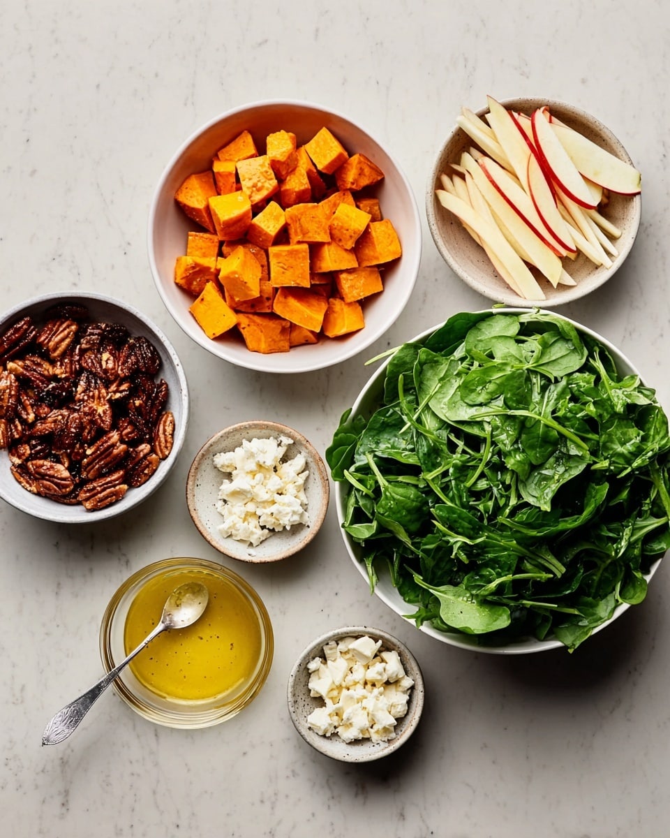 The image shows six white bowls arranged on a white marbled surface, each containing different ingredients. The largest bowl on the right is full of fresh green spinach and arugula leaves, bright and leafy. Next to it, a bowl holds medium-sized, bright orange roasted sweet potato cubes with a slightly shiny surface. Above that, another bowl contains thin, long sticks of a white vegetable with red skin edges, likely sliced apple. On the left side, a small bowl holds dark brown, sugared pecans with a rough texture. Below it, a bowl contains white, crumbly pieces of cheese, and next to that is a small glass bowl with light yellow dressing and a silver spoon inside. photo taken with an iphone --ar 4:5 --v 7