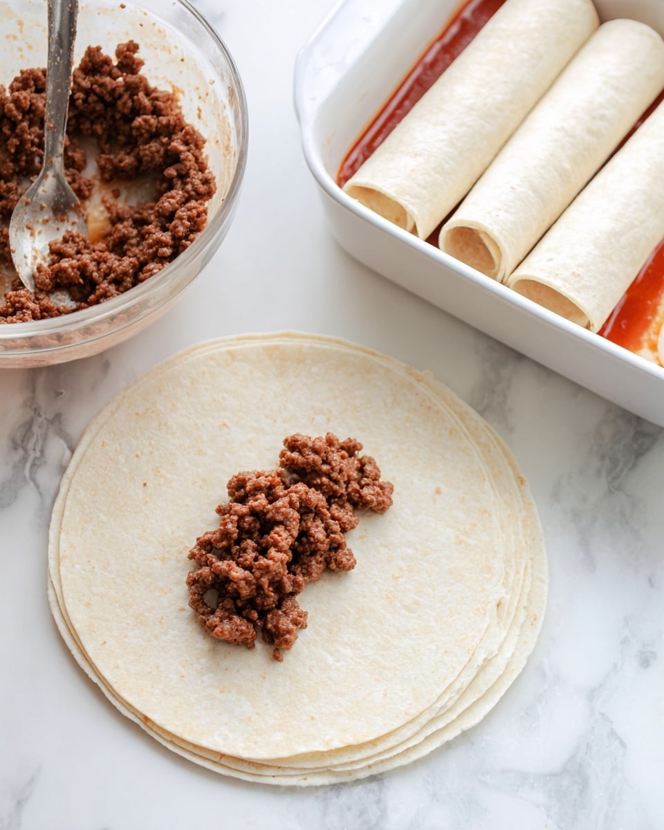 The image shows a food preparation scene with four layers of light beige tortillas stacked flat on a white marbled surface. On the top tortilla, there is a generous pile of cooked brown ground meat placed in the center. To the left, a clear glass bowl holds more of the cooked meat with a silver spoon resting inside it. To the right, a white baking dish contains three rolled tortillas arranged side by side on a red sauce base. The overall setting is bright and clean with a focus on the tortillas and meat filling photo taken with an iphone --ar 4:5 --v 7