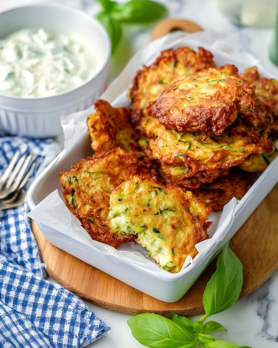 A white rectangular dish filled with a stack of golden-brown fritters with crispy edges, showing some green zucchini pieces inside, with one fritter broken in half at the front revealing its soft, slightly green inside; beside the dish, a white bowl holds a creamy white sauce with small green herbs mixed in, all placed on a wooden board atop a white marbled surface along with a fork and a blue and white checkered cloth in the background; a few fresh green basil leaves are scattered around. photo taken with an iphone --ar 4:5 --v 7