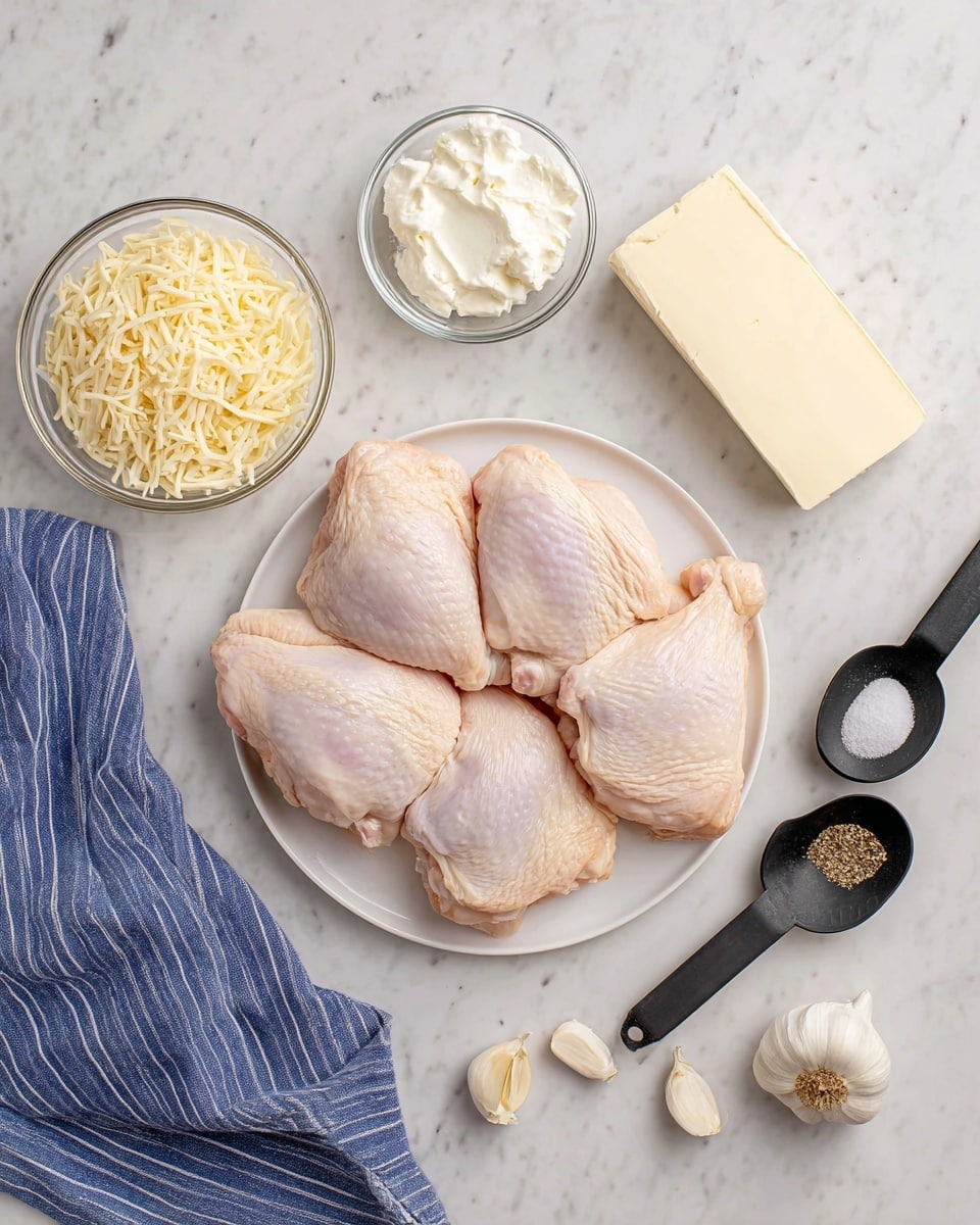 A white plate holds five raw chicken pieces with smooth, light pink skin and natural textures visible. Around the plate, on a white marbled surface, there are three small clear bowls with shredded white cheese, shredded light yellow cheese, and minced garlic. A rectangular block of cream cheese with a creamy white texture rests near these bowls. Three black measuring spoons lie on the surface: one with white sour cream, one with salt, and one with black pepper. Three whole garlic cloves are placed near the minced garlic bowl. A blue cloth with white stripes is partially visible in the bottom left corner. Photo taken with an iphone --ar 4:5 --v 7