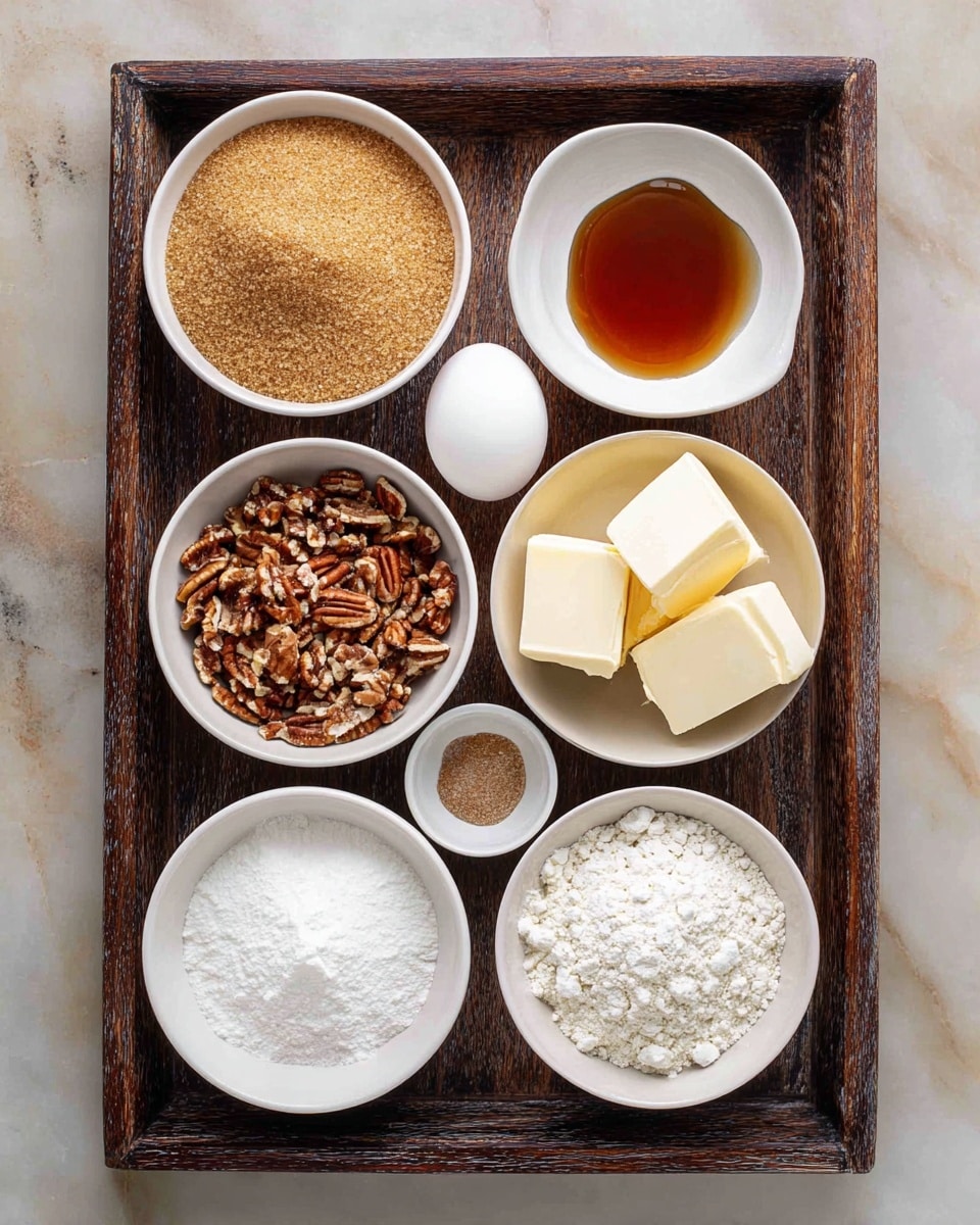 A dark wooden tray holds eight white bowls and one egg arranged neatly on a white marbled surface. The top left shows a bowl filled with light brown sugar with a coarse texture. To its right, there is a bowl of dark amber syrup with a smooth surface. Below the sugar, a bowl is filled with chopped pecans in various shades of brown and beige, showing a rough texture. In the middle sits a single white egg. To the right of the egg is a bowl with butter cut into smooth rectangular blocks, pale yellow in color. In the bottom right corner, a bowl holds white flour with a fine, powdery texture. Next to it to the left is a bowl filled with white powdered sugar, fluffy and light. Between the pecans and flour are two small bowls, one with a little salt, fine and white, and the other with a small amount of brown liquid resembling vanilla extract. The overall look is clean and organized. photo taken with an iphone --ar 4:5 --v 7