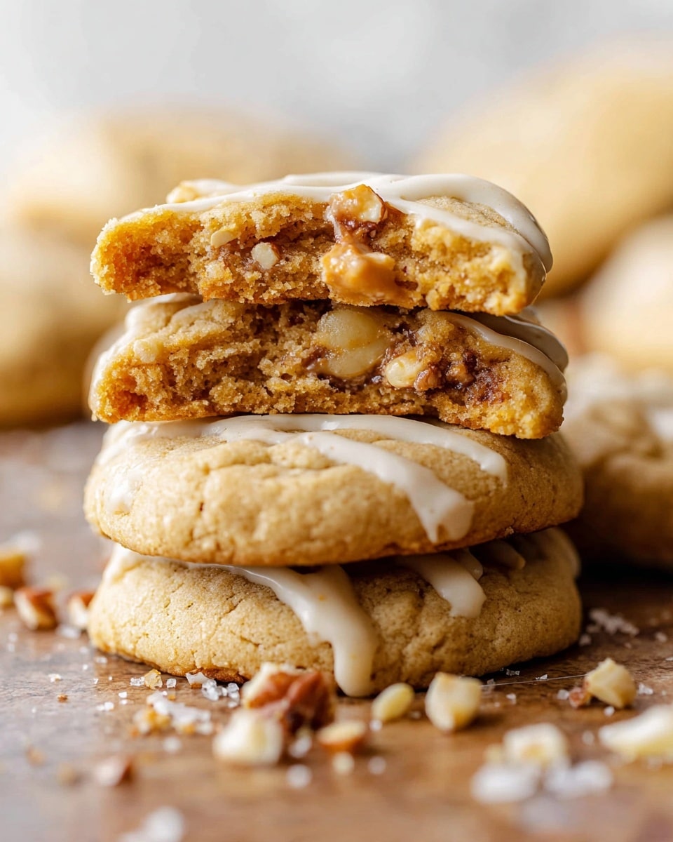 A close-up image shows a stack of three soft, golden brown cookies on a white marbled surface. The bottom two cookies are whole, with smooth tops that have faint drizzles of light-colored icing. The top cookie is broken in half and placed on top of the stack, revealing a chewy and moist inside with visible bits of nuts. Crumbs and small pieces of nuts are scattered around the stack. The warm colors and textures make the cookies look fresh and inviting. Photo taken with an iphone --ar 4:5 --v 7