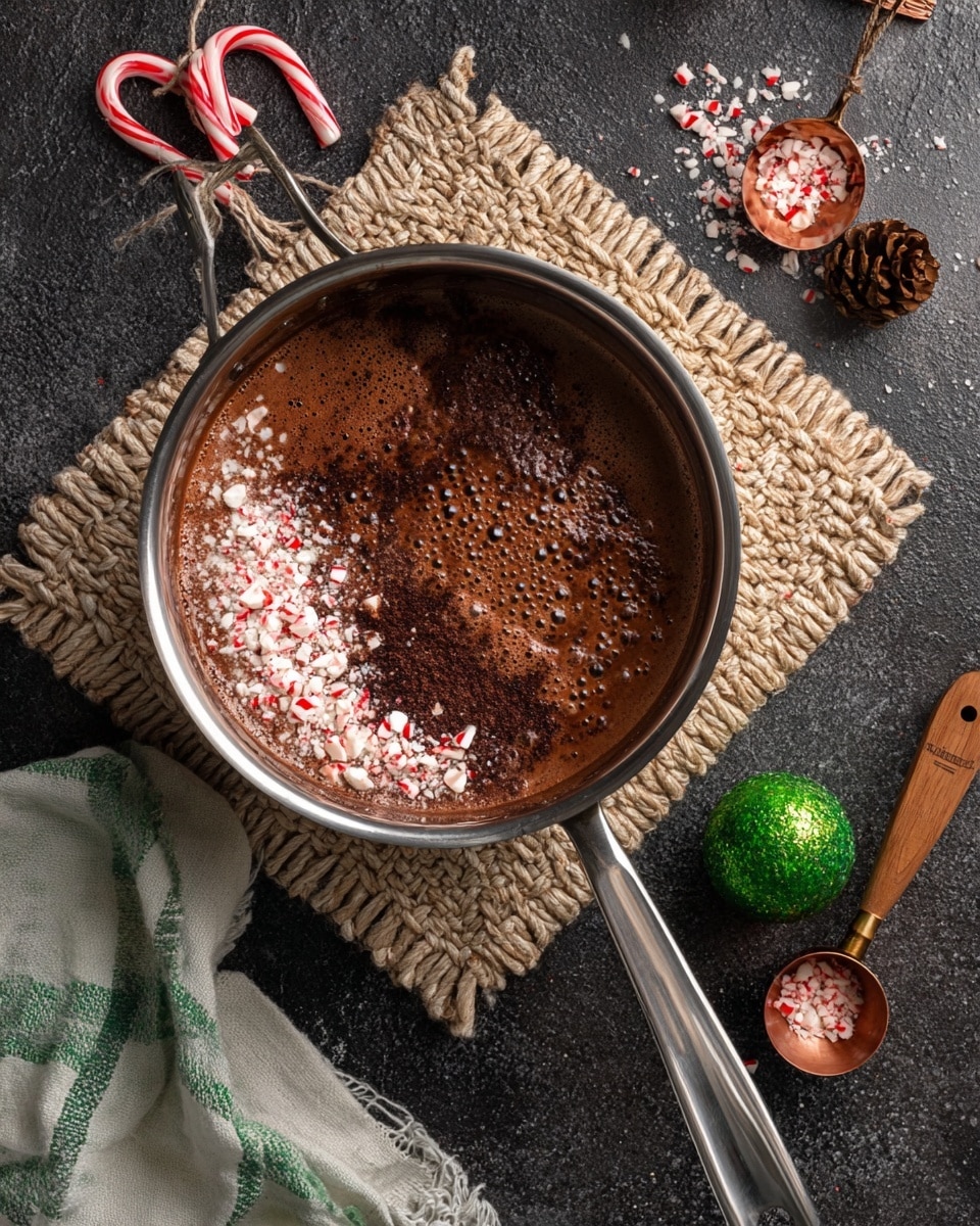 A shiny silver pot with a long handle sits on a woven beige mat on a dark textured surface. Inside the pot, a thick, bubbly chocolate liquid is mixed with layers of dark cocoa powder and crushed white and red peppermint candy pieces mostly gathered on one side. Around the pot, there are scattered small red and white peppermint candies, a green ornament, and three small pinecones tied together with a string. A wooden measuring spoon with a copper scoop and a green and white striped cloth lie nearby. The photo taken with an iphone --ar 4:5 --v 7