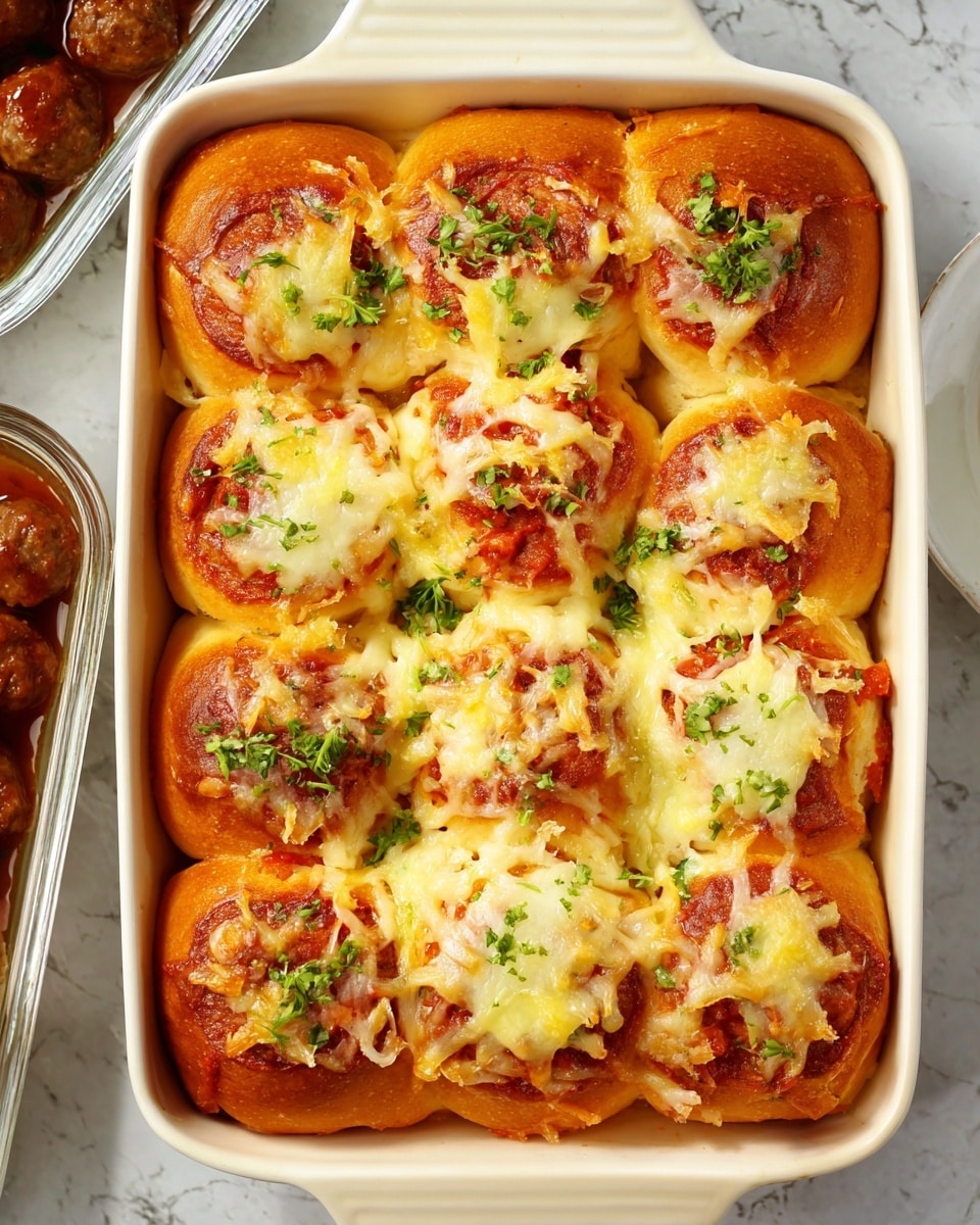 A rectangular white baking dish holds nine soft, golden-brown rolls arranged in three rows, each topped with melted cheese that is light yellow and slightly browned at the edges. In the center of each roll, there is a visible red tomato sauce layer peeking through, and small bits of chopped green herbs are sprinkled on top and around the rolls. The rolls look fluffy and have a slightly glossy surface from baking. The dish sits on a white marbled surface with part of another dish containing brown meatballs and sauce visible in the top left corner. Photo taken with an iphone --ar 4:5 --v 7