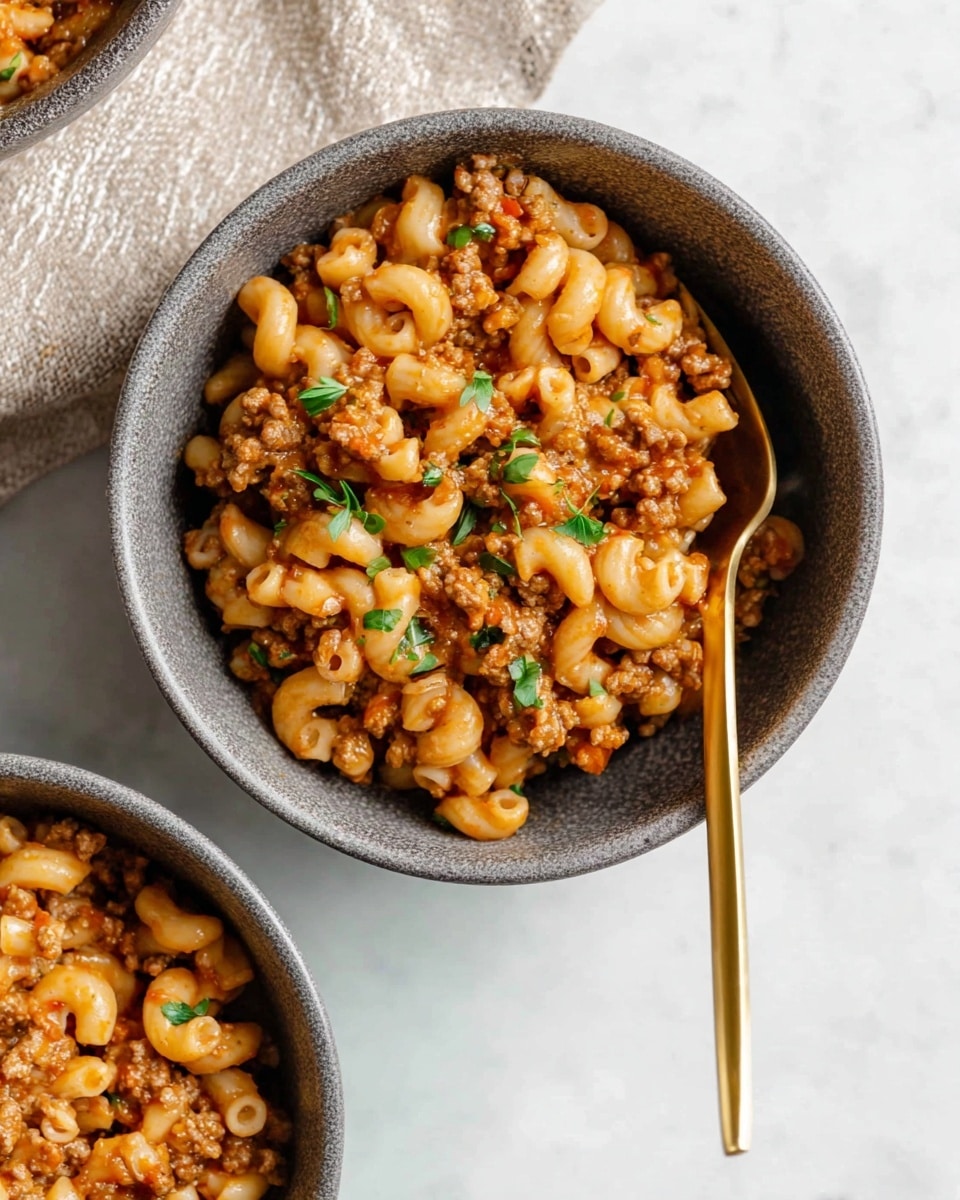 A gray bowl is filled with three layers of macaroni pasta mixed with ground meat in a light brown sauce, with small bits of green herbs sprinkled on top for color contrast. The macaroni is curved and soft looking, coated evenly with the sauce, and the ground meat is crumbled finely throughout. A gold spoon rests inside the bowl, extending out to the white marbled surface below. Part of another identical bowl is visible at the bottom left edge, with the same mixture inside. There is a beige textured cloth near the bowl’s top left edge. Photo taken with an iphone --ar 4:5 --v 7