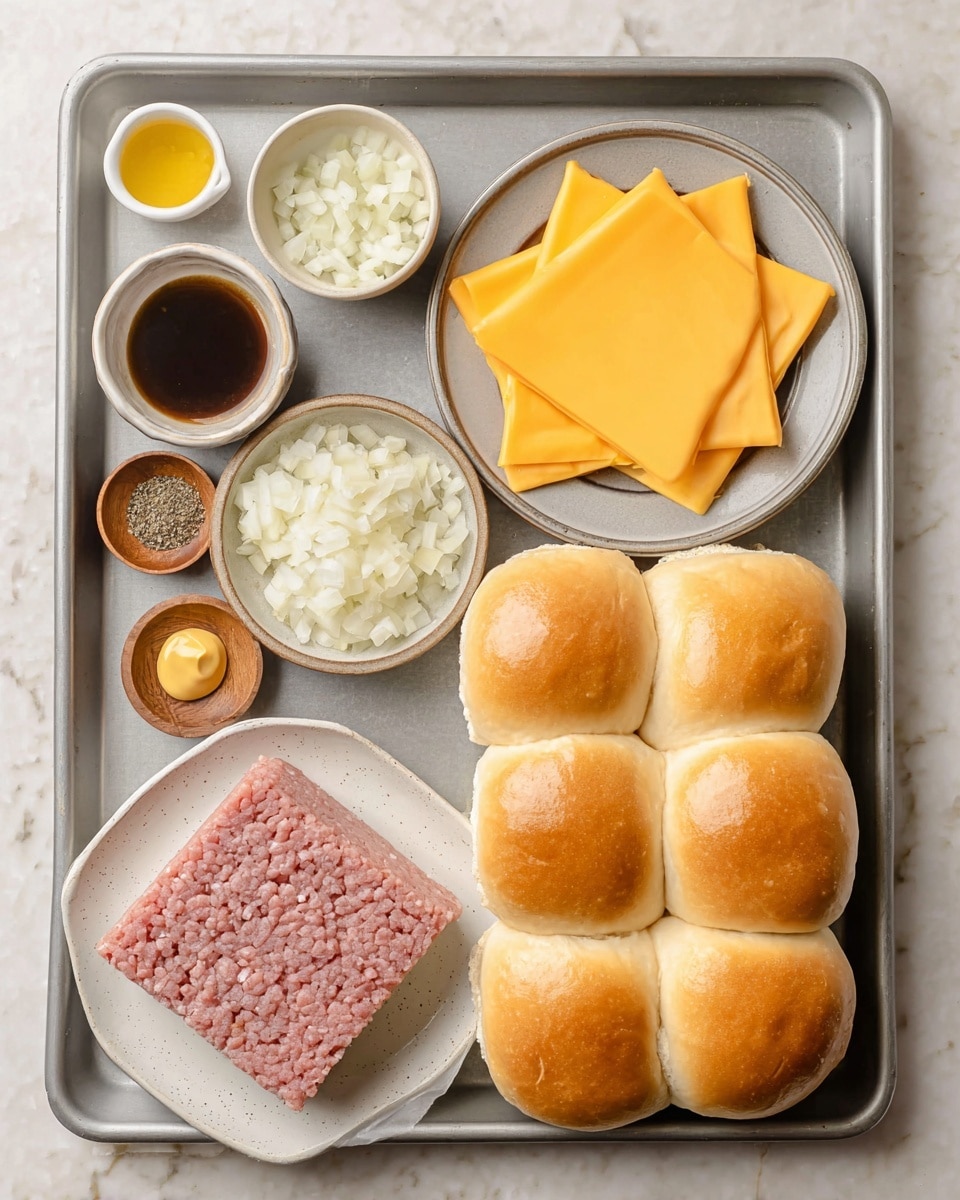 A metal baking tray holds several ingredients arranged neatly on a white marbled surface. There are nine soft, golden brown dinner rolls grouped together on the bottom right. On the bottom left, a white marbled plate has a square block of light pink ground meat. Above it, a white bowl filled with chopped white onions sits next to a small pale green bowl with finely chopped garlic. To the left of the garlic, a small white bowl contains a dollop of bright yellow mustard. A small white bowl with a dark brown liquid is placed above the small bowls, and nearby a tiny wooden bowl holds some coarse salt. Another tiny wooden bowl contains a small amount of black pepper. On the top center, there are several square slices of bright yellow cheese slightly overlapping each other. Photo taken with an iphone --ar 4:5 --v 7