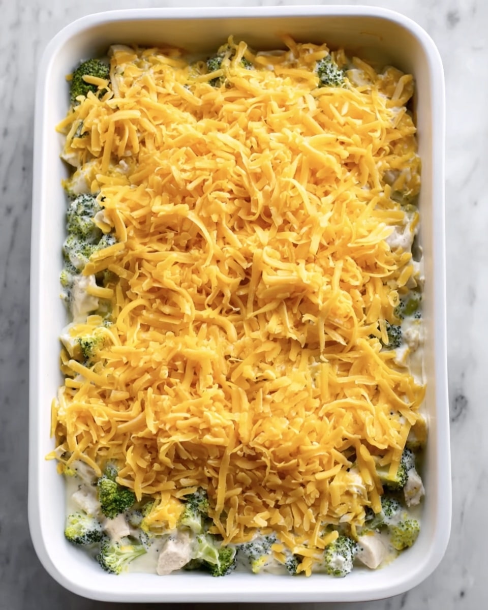 A white rectangular baking dish filled with a layered casserole. The bottom layer consists of green broccoli pieces and chunks of light-colored cooked chicken mixed in, followed by a layer of creamy white sauce. The top layer is covered with a thick, even spread of bright yellow shredded cheddar cheese. The casserole sits on a white marbled surface. photo taken with an iphone --ar 4:5 --v 7