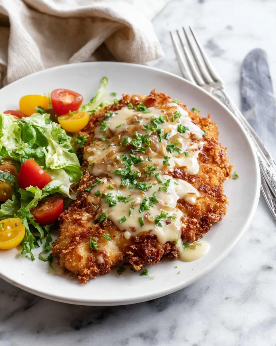 The dish shows one large, crispy fried chicken cutlet with a golden brown, crunchy outer layer topped with a light-colored creamy sauce that spreads unevenly across the surface and sprinkled with finely chopped green herbs. On the side of the white plate, there is a small fresh salad made of green leafy lettuce and halved cherry tomatoes in red and yellow colors. The plate sits on a white marbled surface and in the background, a silver fork and part of a beige cloth napkin are visible. Photo taken with an iphone --ar 4:5 --v 7