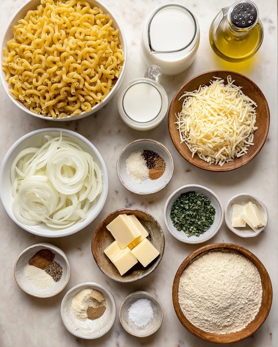 A collection of cooking ingredients is arranged neatly on a white marbled surface. There is one large white bowl filled with uncooked yellow curly pasta. Two medium white bowls contain shredded pale yellow cheeses. A wooden bowl holds fine, light beige breadcrumbs. Another wooden bowl contains thinly sliced white onions. Small white dishes hold cubed butter, green chopped herbs, light brown mustard, white flour, a dark brown nutmeg alongside some ground spice, and a white mix of salt and pepper. There are two glass measuring cups, one is filled with milk and the other with a white cream-like liquid. A glass bottle filled with light golden oil and a pepper grinder are placed toward the top. photo taken with an iphone --ar 4:5 --v 7