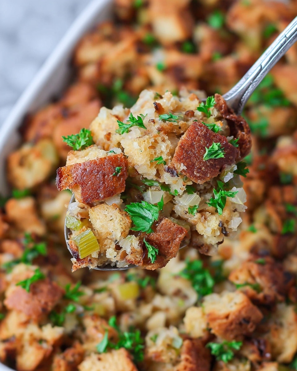 The image shows a close-up of a spoonful of stuffing held above a dish filled with more stuffing. The stuffing has three main layers: the top layer is made of browned, crispy bread pieces in light to dark brown shades; the middle layer contains softer bread chunks mixed with small diced vegetables like celery, visible with light green and white colors; scattered throughout are bright green fresh parsley leaves adding color contrast. The background dish is filled with more of the same textured stuffing, all resting against a white marbled surface. The stuffing looks moist with a mix of crunchy and soft textures photo taken with an iphone --ar 4:5 --v 7