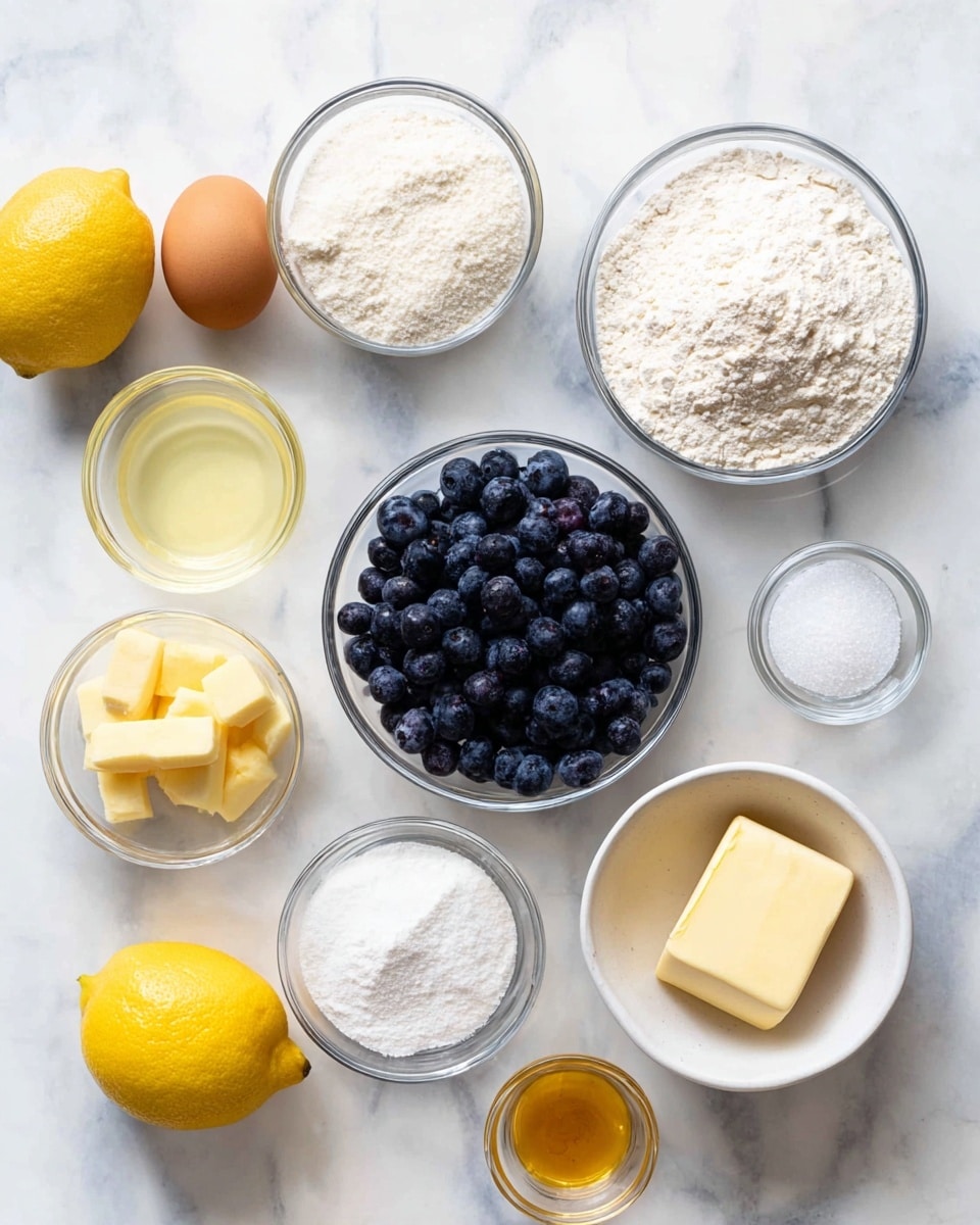 The image shows multiple small clear glass bowls and two whole yellow lemons arranged on a white marbled surface. There is a bowl filled with fresh dark blue blueberries in the center, surrounded by bowls containing white powdery flour, white sugar, baking powder, and golden syrup. A small glass holds a light yellow liquid, and nearby is a bowl with a pale yellow square of butter. Two brown eggs lie side by side near the lemons. Photo taken with an iphone --ar 4:5 --v 7