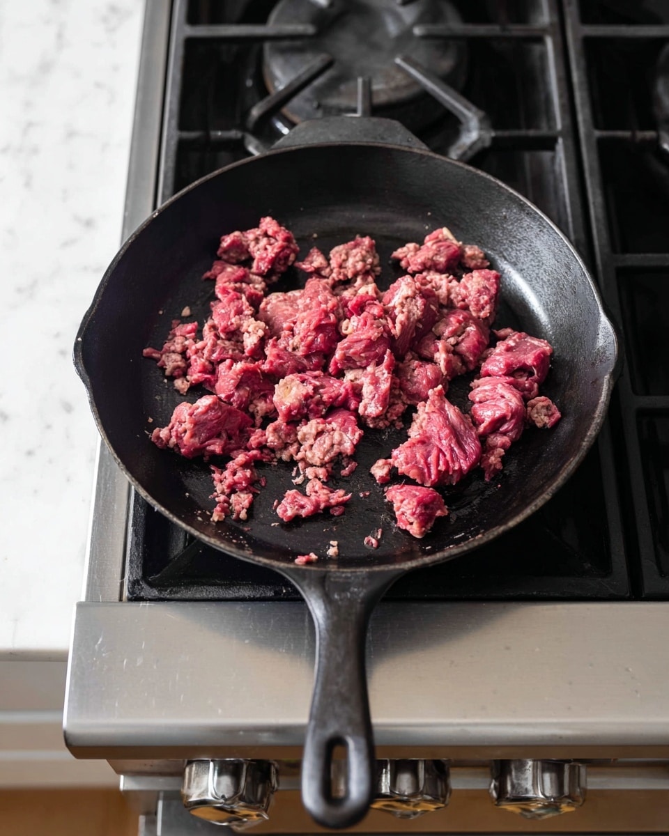A black cast iron pan is set on a gas stove with a stainless steel front and knobs, containing raw ground meat that is a mix of red and grayish pink colors, broken into uneven small chunks scattered across the surface of the pan, showing a mix of uncooked and slightly cooked meat. The background is a white marbled countertop around the stove. photo taken with an iphone --ar 4:5 --v 7