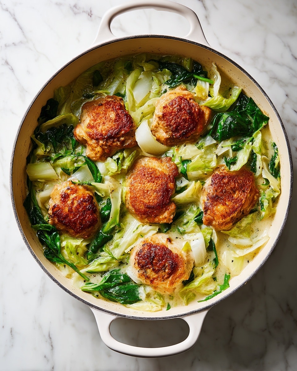 A round white pot with two handles holds five cooked chicken pieces placed on top of a layer of bright green spinach leaves and pale chopped cabbage, all sitting in a light broth. The chicken pieces are browned with a slightly crispy texture and are spread evenly across the vegetables, which fill the pot almost to the rim. The pot sits on a white marbled surface, highlighting the fresh greens and golden chicken. photo taken with an iphone --ar 4:5 --v 7