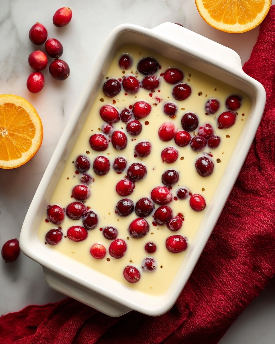A white rectangular dish filled with a creamy, pale yellow mixture that has whole red cranberries scattered evenly throughout. The creamy mixture has a smooth texture with a few small bubbles, fully covering the cranberries. The dish is placed on a white marbled surface with a red cloth next to it and a small part of an orange visible on the side. Photo taken with an iphone --ar 4:5 --v 7