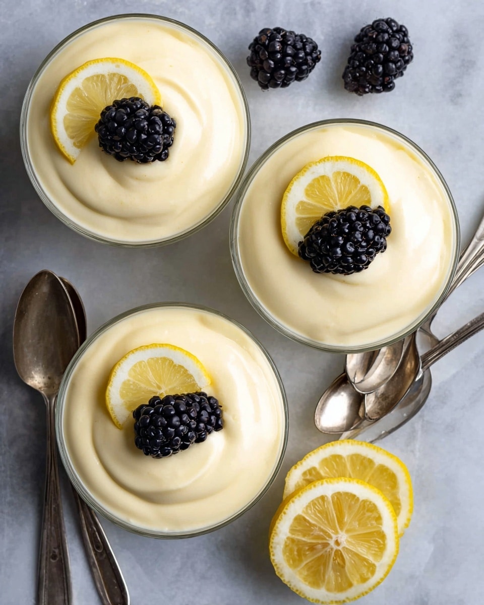 Three clear glass bowls filled with a smooth, creamy pale yellow mousse, each topped with one blackberry and a thin lemon slice placed side by side near the center. Around the bowls, there are two lemon slices, one lemon half, and three old silver spoons. The whole scene is set on a white marbled surface. photo taken with an iphone --ar 4:5 --v 7
