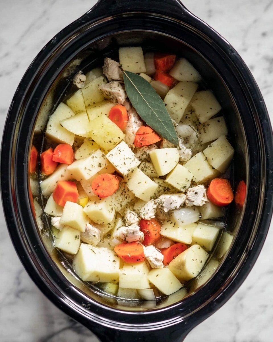 Inside a black slow cooker, there is a mix of ingredients layered together. The bottom layer has cubed potatoes in pale yellow and orange carrot slices. Above this are small pieces of white chicken mixed with more potatoes and chopped white onions. A single green bay leaf lays on top near the center. The ingredients seem to be in a thin broth with visible herbs sprinkled over. The scene is set on a white marbled surface. photo taken with an iphone --ar 4:5 --v 7