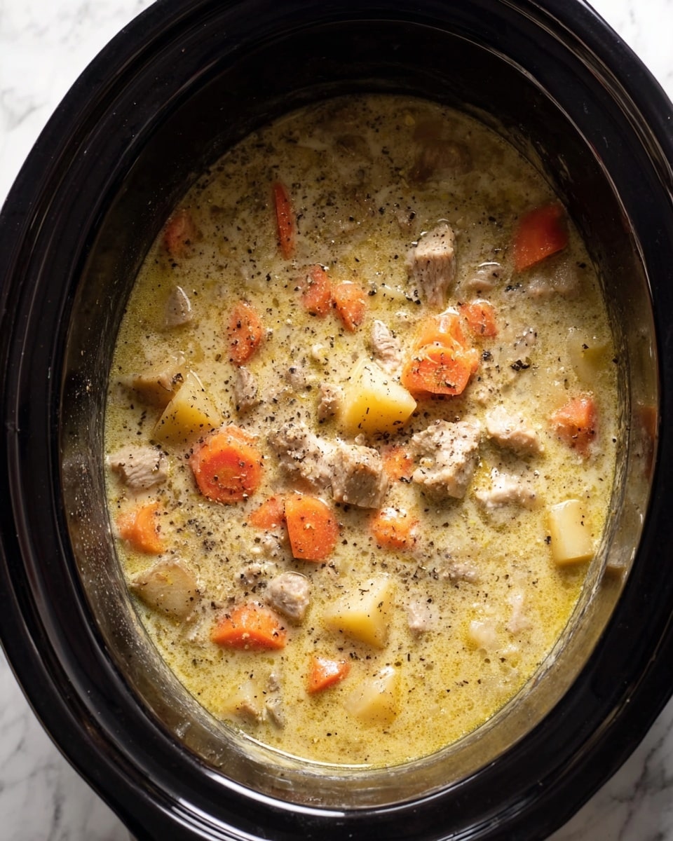 A close-up view of a black slow cooker filled with a thick soup consisting of small chunks of light brown meat, soft dices of pale yellow potatoes, and bright orange carrot slices floating in a creamy light yellow broth. The soup surface is sprinkled with crushed black pepper, adding texture and dark specks all over. The slow cooker rests on a white marbled surface. Photo taken with an iphone --ar 4:5 --v 7
