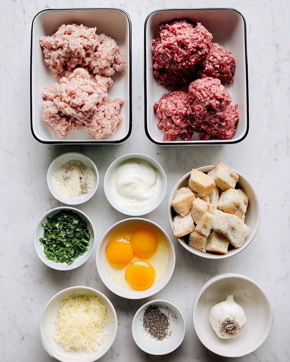The image shows nine small white bowls arranged on a white marbled surface. At the top, there are two rectangular white dishes with black rims: the left one holds pale pink ground meat, and the right one has darker red ground meat. Below, from left to right, are seven smaller round bowls: the first bowl contains white cream, the second has two raw egg yolks in a white bowl, the third is filled with small bread cubes, the fourth has finely chopped green herbs, the fifth contains grated pale yellow cheese, the sixth holds a whole garlic clove with some minced garlic, and the seventh bowl shows a mix of black pepper and salt. The setup looks neat and ready for cooking. photo taken with an iphone --ar 4:5 --v 7