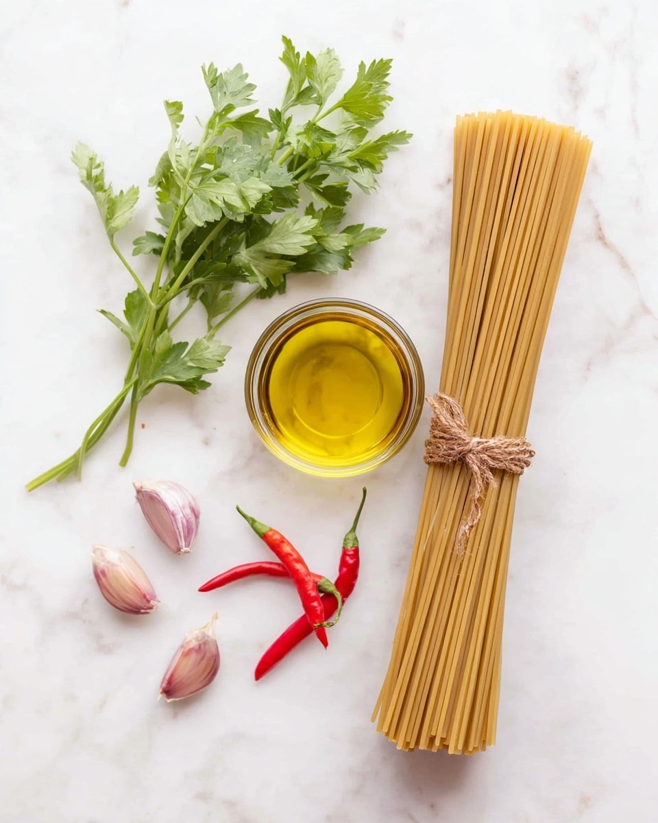 The image shows a bunch of long, light brown spaghetti tied with a brown string placed vertically on the left side on a white marbled surface. In the center, there is a round clear glass container with golden yellow olive oil inside. Above and slightly to the right of the oil, there is a bunch of bright green fresh parsley leaves. To the right, there are three small bright red chili peppers with green tips. Below the oil container, five peeled garlic cloves with a light purple skin are scattered. The setting is clean and simple, with all items spaced evenly. photo taken with an iphone --ar 4:5 --v 7