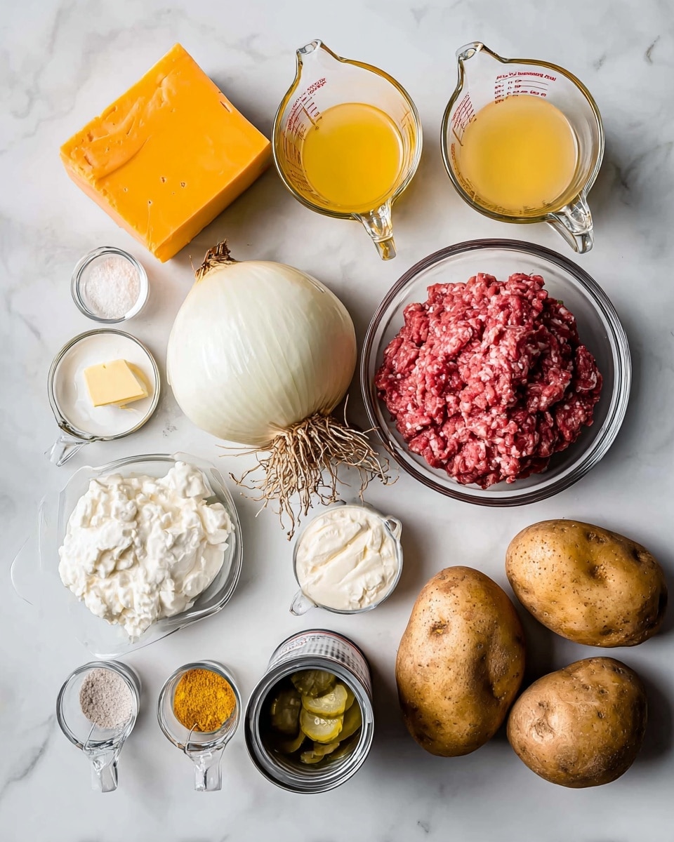 The image shows a collection of cooking ingredients arranged neatly on a white marbled surface. There are three large brown potatoes in the top right corner, with a clear glass bowl holding a large portion of raw red ground meat next to them. To the left of the meat is a large white onion with roots attached, and above it are two glass measuring cups; one filled with a yellow liquid and the other with a white liquid. A block of bright orange cheese and a stick of white butter are positioned in the top left area. Several small containers and measuring spoons hold various powders and liquids, including salt, black pepper, a yellow powder, flour, yogurt, and a small amount of orange liquid. There's also an open can of sliced greenish pickles. The arrangement is tidy and visually balanced. Photo taken with an iphone --ar 4:5 --v 7