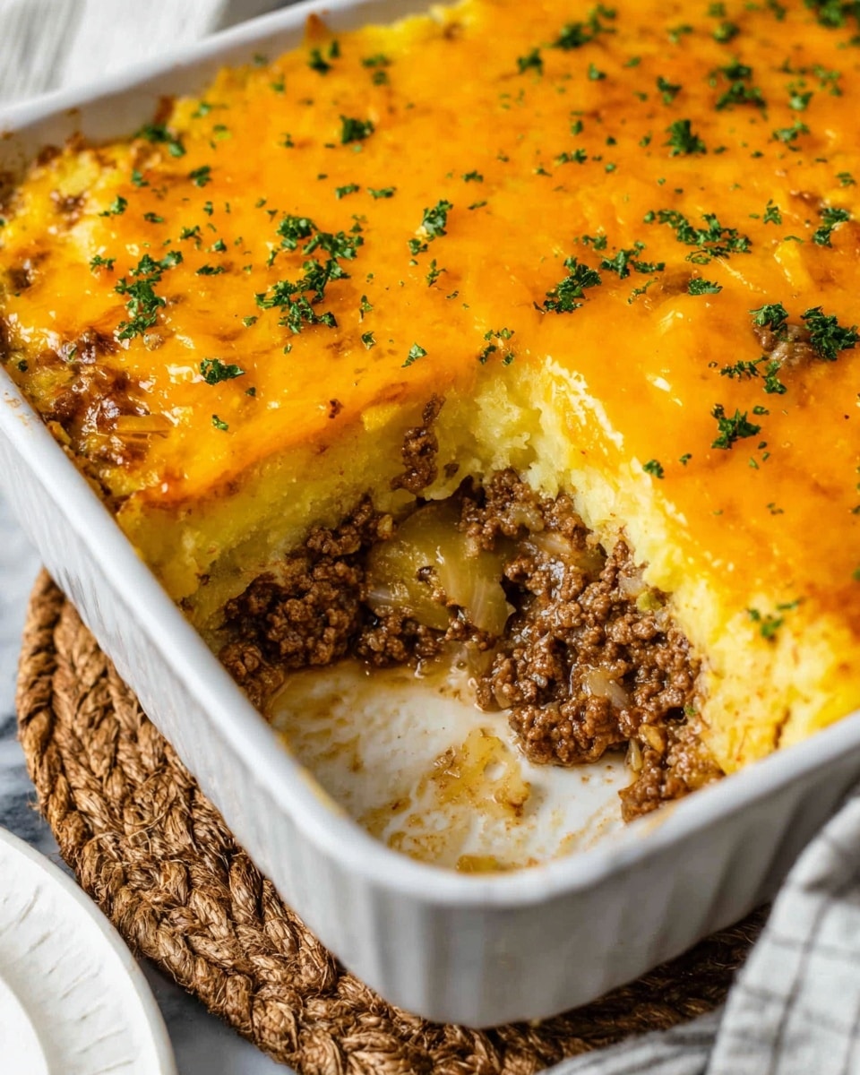 The image shows a white rectangular dish with a layered casserole. The bottom layer is made of soft yellow potatoes crushed and spread evenly. Above it is a layer of cooked brown ground meat mixed with some white and green bits, likely onions or peppers. The top layer is a smooth, bright orange melted cheese with some green herbs sprinkled on top. Part of the casserole has been scooped out, revealing the layers clearly. The dish is set on a white marbled surface with a woven mat underneath and a white plate visible at the bottom edge of the image. photo taken with an iphone --ar 4:5 --v 7