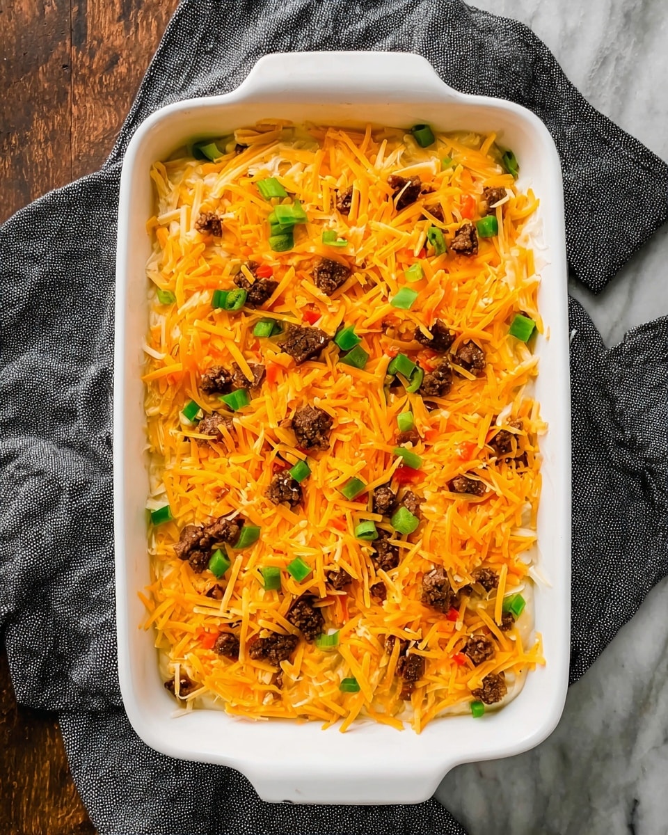 A white rectangular baking dish holds a layered casserole placed on a white marbled texture surface with a dark gray cloth nearby. The bottom layer is creamy and light-colored, partially visible beneath a thick middle layer of bright orange shredded cheddar cheese. Scattered on top are small pieces of dark brown cooked meat and green diced bell peppers, adding a pop of color and texture contrast to the dish. The casserole looks ready to be baked or served. photo taken with an iphone --ar 4:5 --v 7