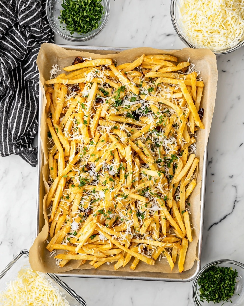 The image shows a large baking tray lined with light brown parchment paper filled with a single layer of golden yellow french fries, some with a slightly darker crispy look. Scattered unevenly on top are small bits of dark brown pieces and finely chopped green herbs. White shredded cheese is sprinkled lightly over the fries, adding a soft texture contrast. The tray sits on a white marbled surface, with a square glass bowl of shredded white cheese and another bowl with finely chopped green herbs nearby. Part of a black and white striped cloth is visible on the left side. Photo taken with an iphone --ar 4:5 --v 7