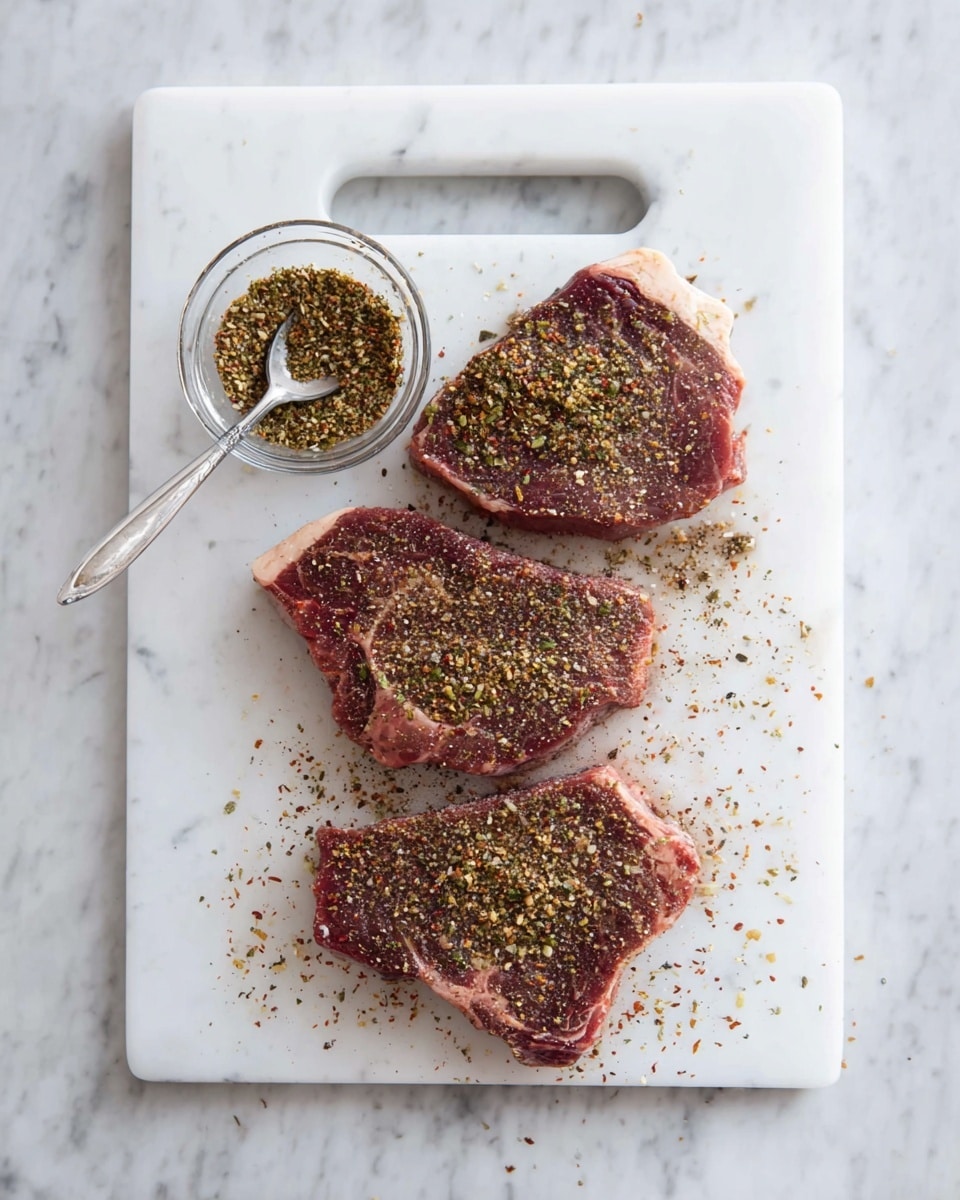 Three raw steaks are laid out on a white cutting board with a handle slot near the top center, each steak sprinkled evenly with a mix of green, brown, and yellow spices that create a textured, grainy look. A small, clear glass bowl holds more of the spice mixture, with a silver spoon resting inside it, positioned above the steaks on the cutting board. The cutting board is placed on a white marbled surface with subtle gray veins that add a soft texture to the background. Some spice is scattered lightly around the steaks and the bowl, enhancing the rustic and fresh preparation feel. Photo taken with an iphone --ar 4:5 --v 7
