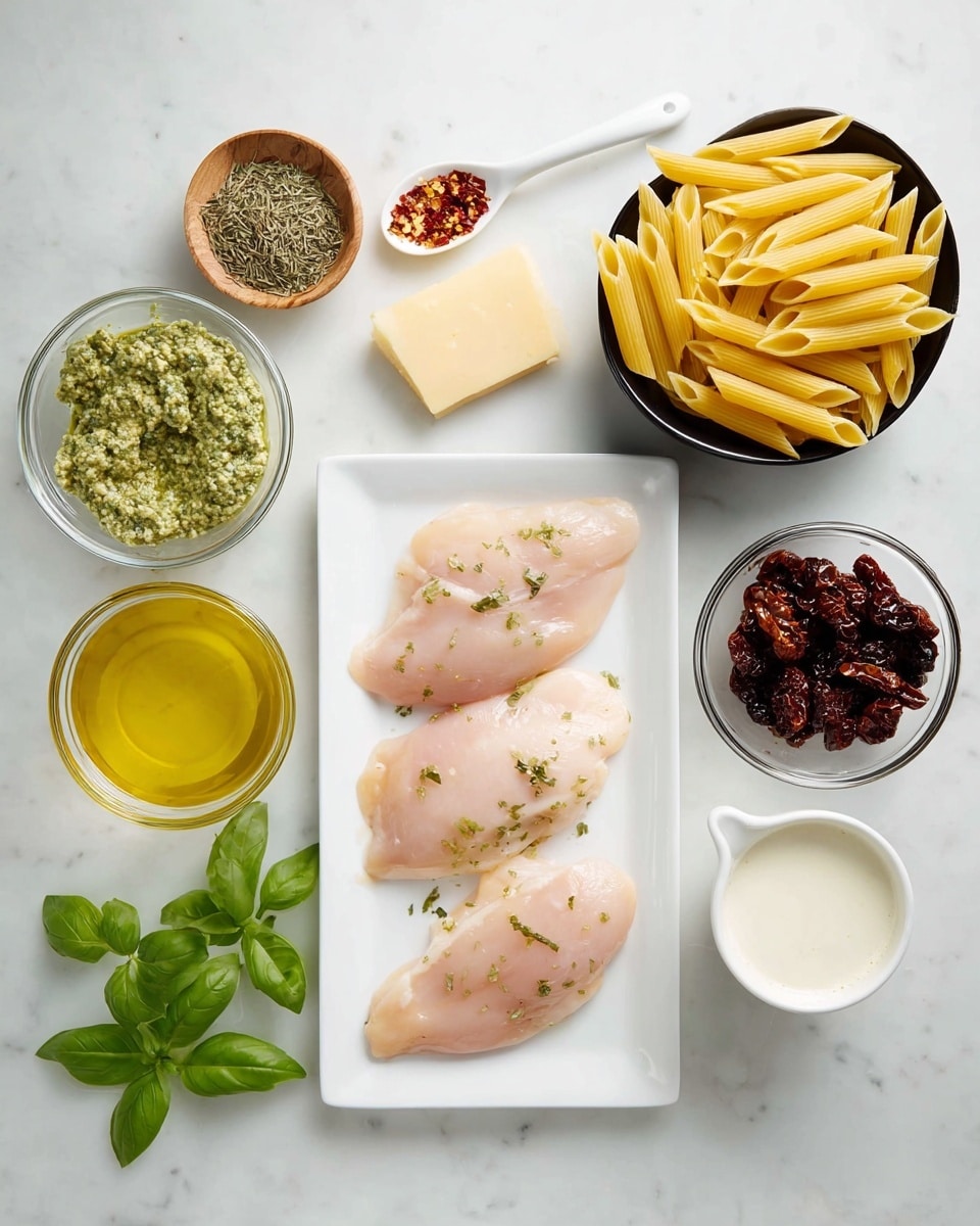 A white rectangular plate sits in the center with three raw, pale pink chicken pieces placed side by side. Above the plate, from left to right, there is a small white bowl with dried herbs, a small wood bowl with salt, a wedge of pale yellow cheese, a small white spoon with red chili flakes, and a black bowl filled with yellow uncooked penne pasta. To the right of the chicken plate, a small clear glass bowl holds dark brown sun-dried tomatoes. On the left side, there is a larger clear glass bowl with green pesto at the bottom, a smaller glass bowl above with golden olive oil, and a white cup filled with cream. Fresh green basil leaves are scattered between the creamy cup and crispy dried herbs. All items are set on a smooth white marbled surface. Photo taken with an iphone --ar 4:5 --v 7